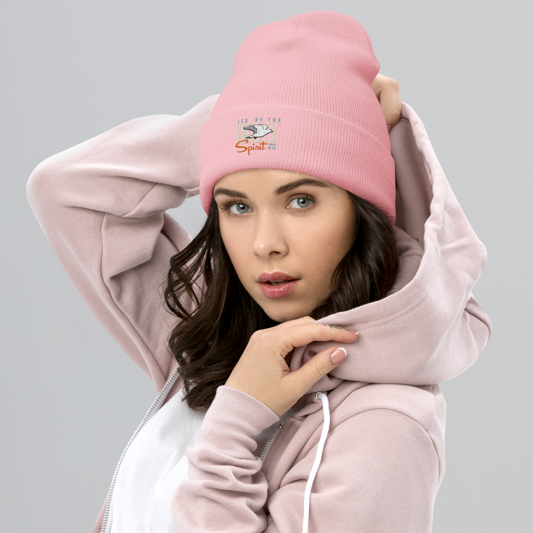 Justified In Christ Led by the Holy Spirit Pink Embroidered Beanie | Galatians 5:18 Christian Winter Hat