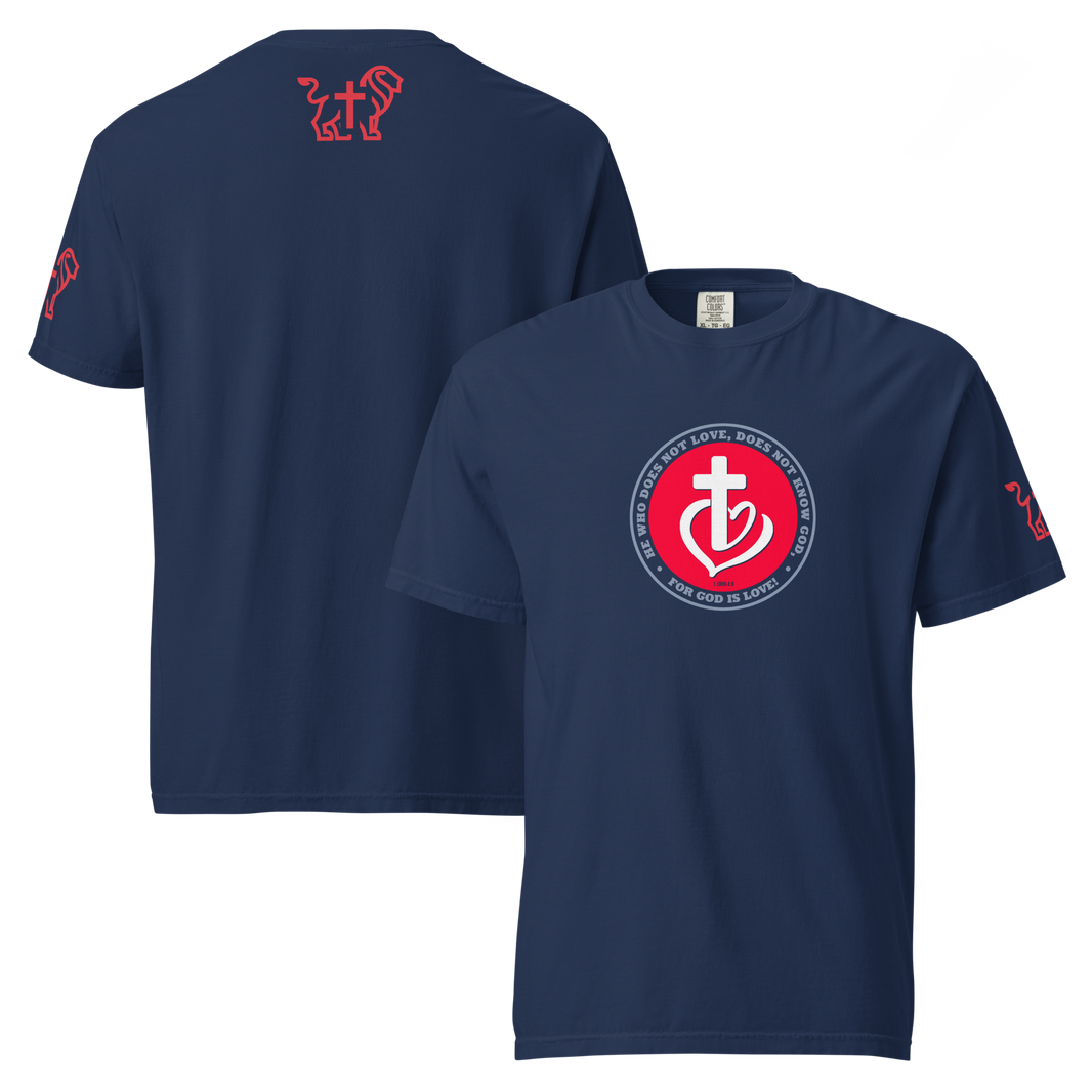 Justified In Christ God is Love Heavyweight T-Shirt | 1 John 4:8 Christian Tee
