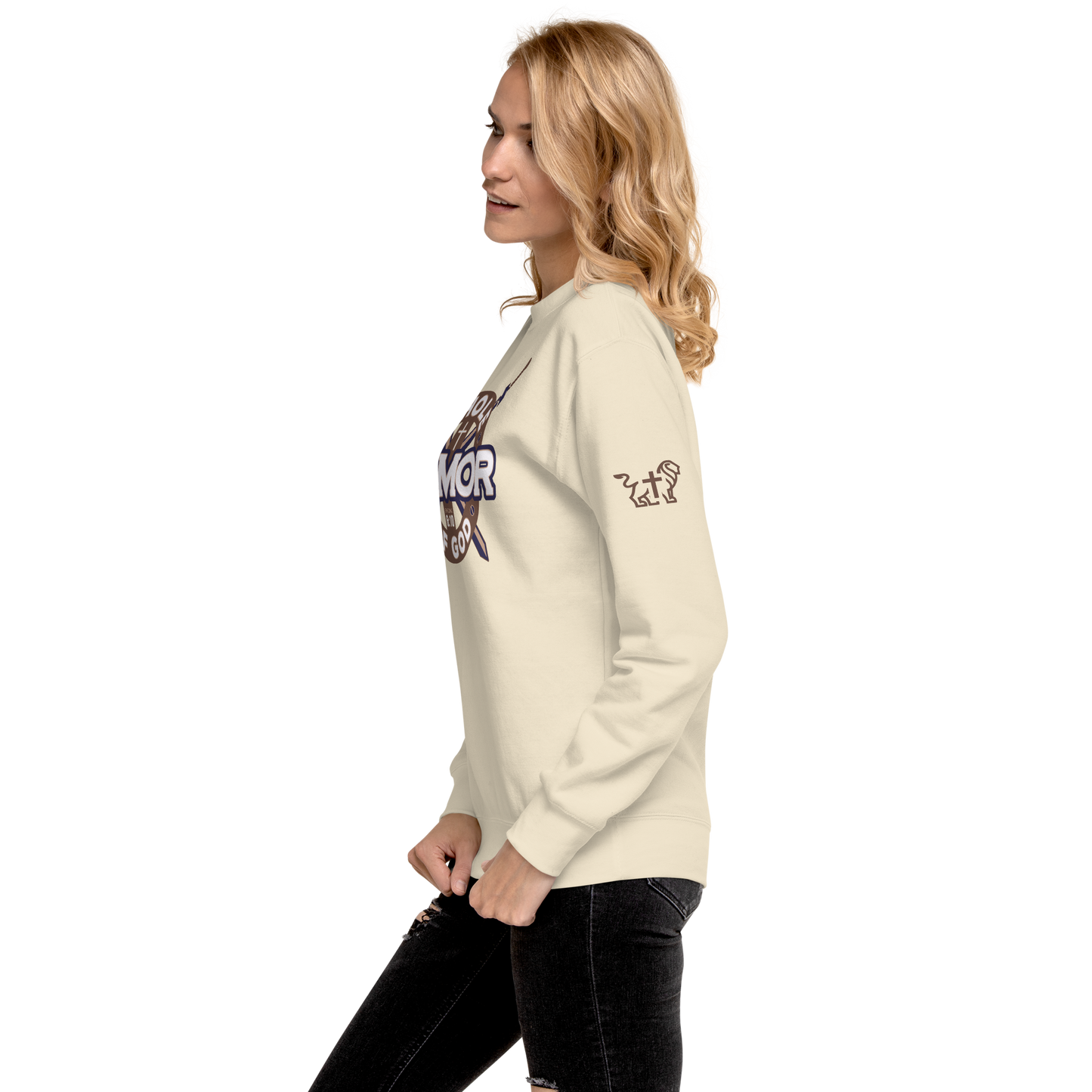 Justified In Christ Whole Armor of God Bone Crewneck Sweatshirt | Ephesians 6:11 Christian Apparel