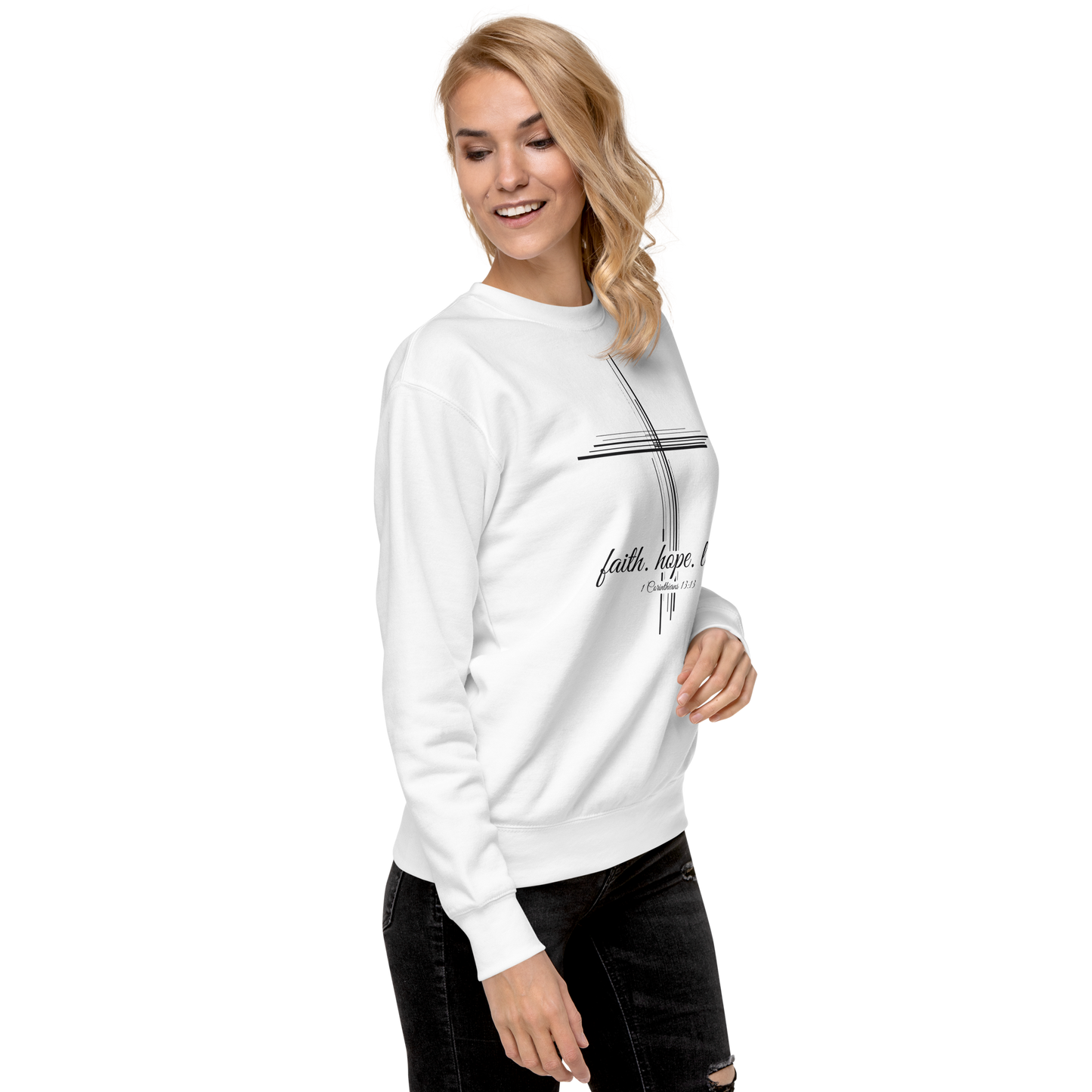 Justified In Christ Faith Hope Love Crewneck Sweatshirt | 1 Corinthians 13:13 Christian Apparel
