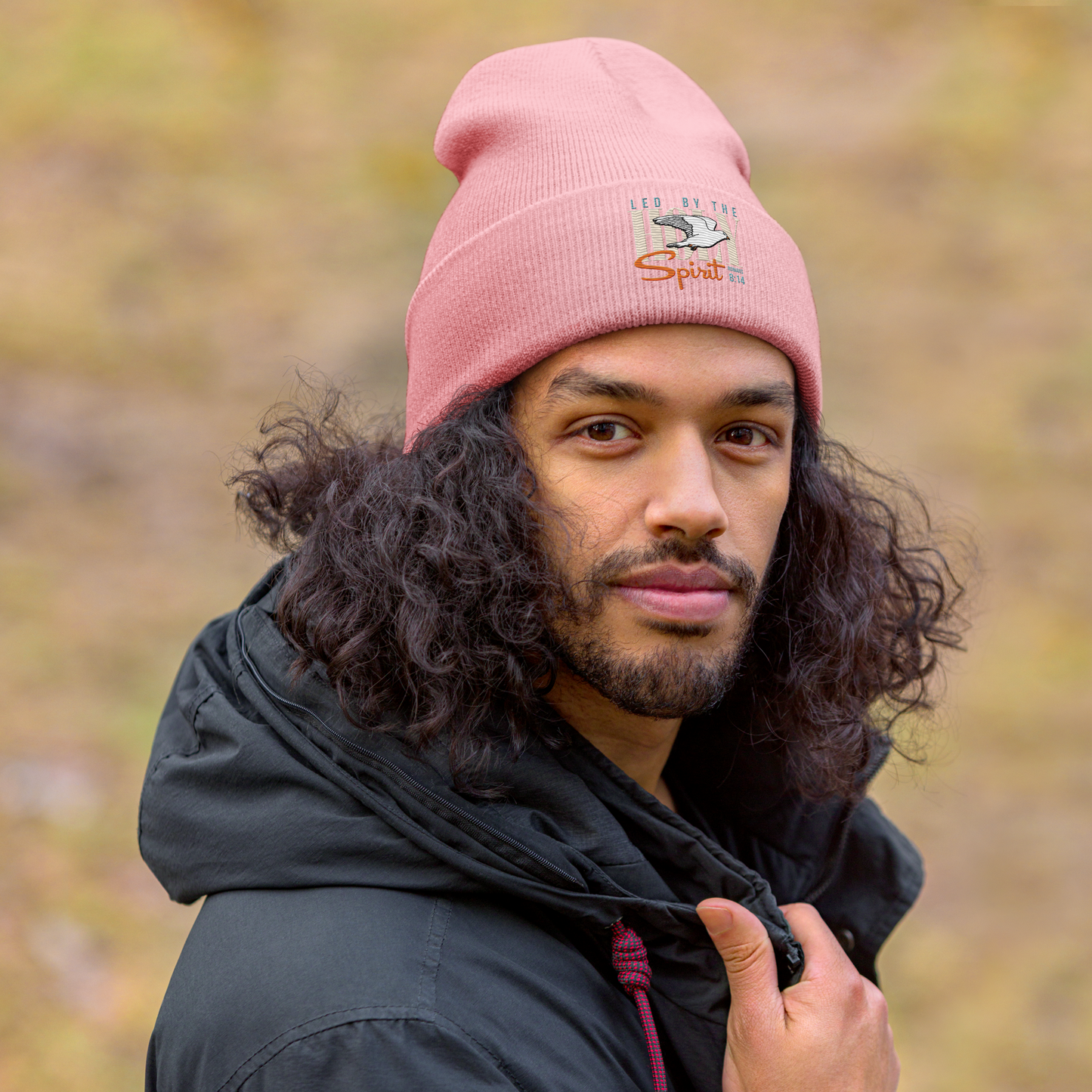 Justified In Christ Led by the Holy Spirit Pink Embroidered Beanie | Galatians 5:18 Christian Winter Hat