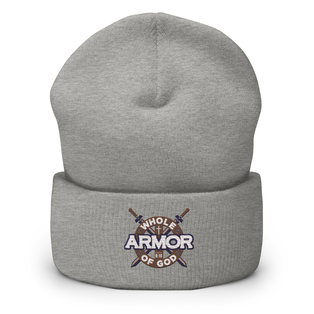 Justified In Christ Whole Armor of God Embroidered Beanie | Ephesians 6:11 Christian Winter Hat