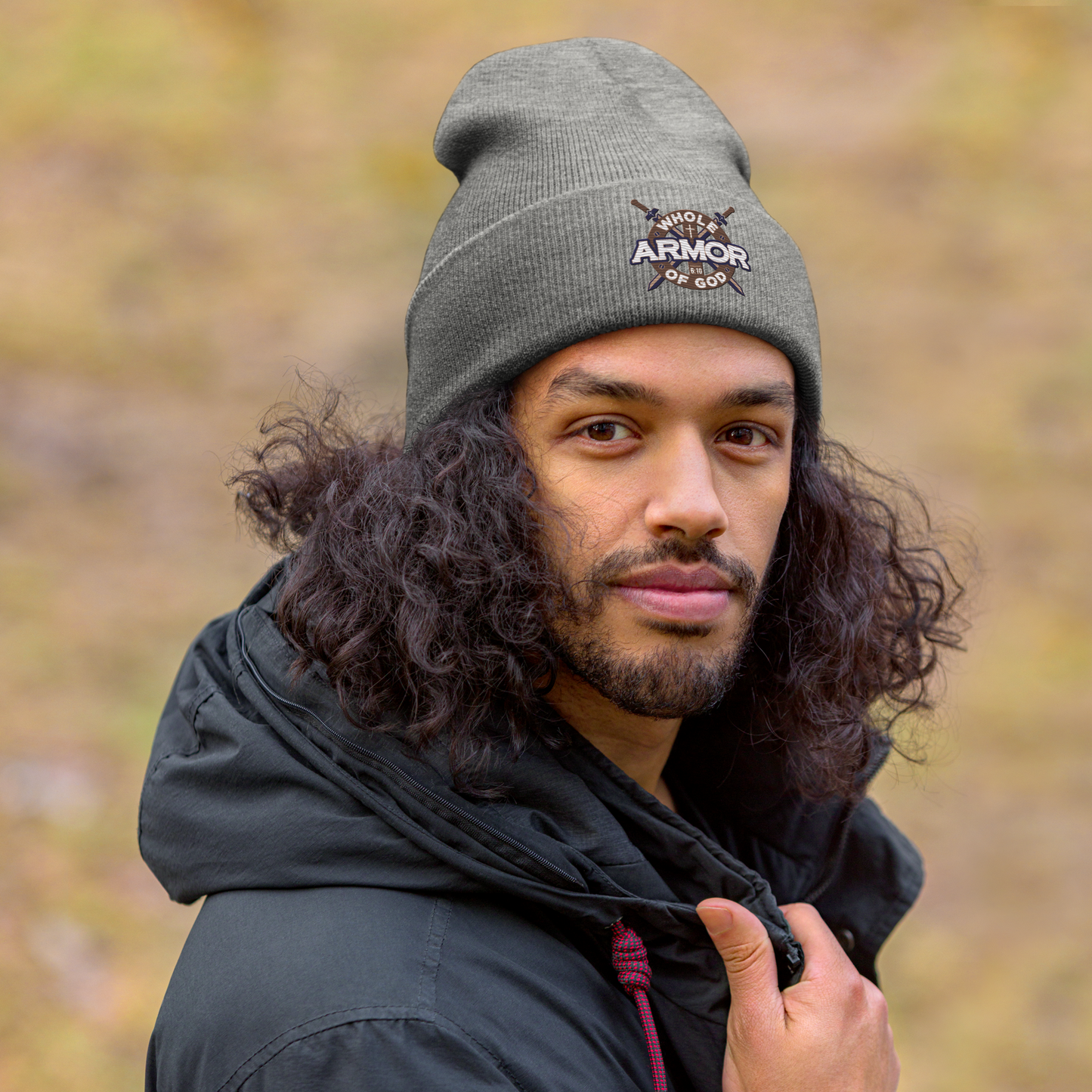 Justified In Christ Whole Armor of God Embroidered Beanie | Ephesians 6:11 Christian Winter Hat
