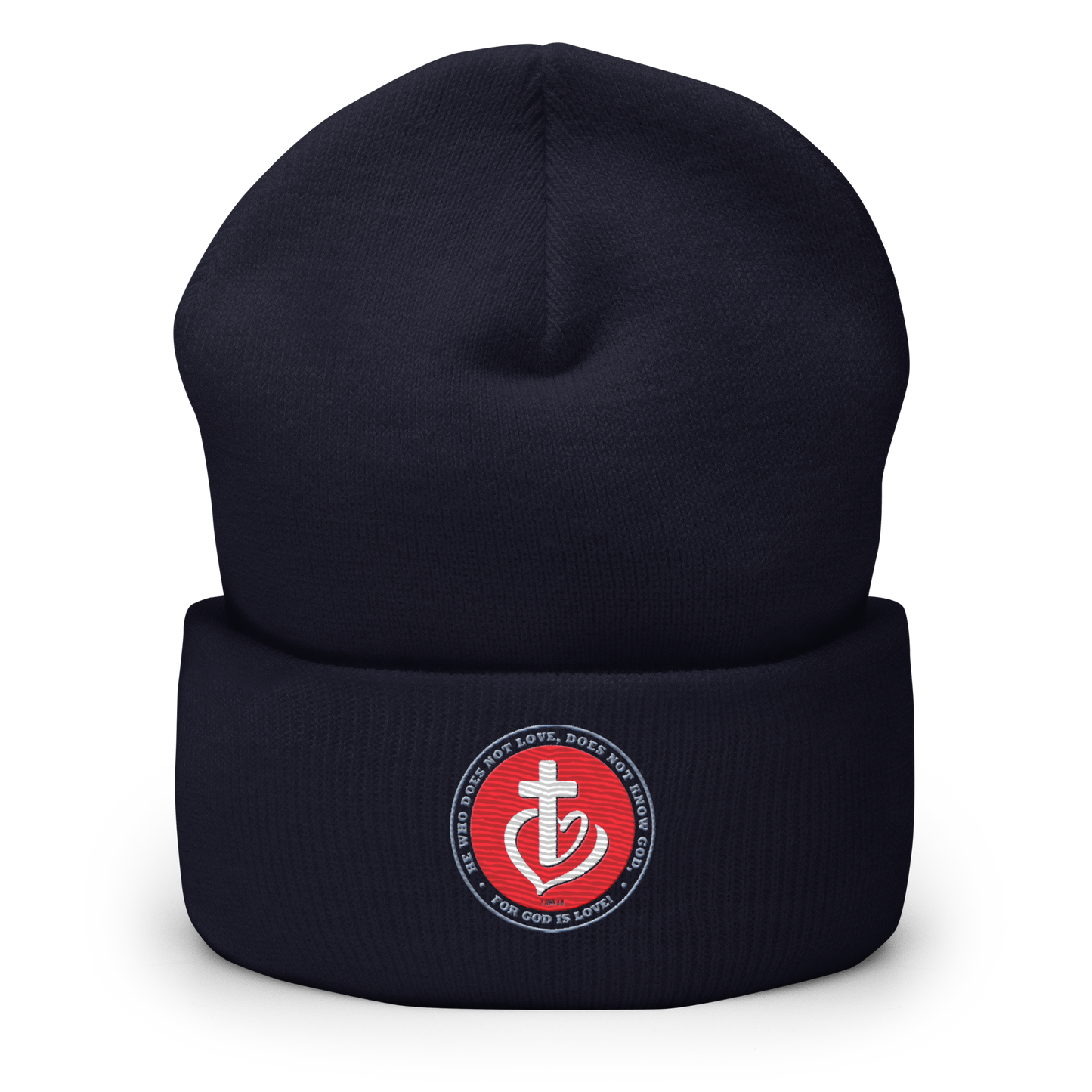 Justified In Christ God is Love Embroidered Beanie | 1 John 4:8 Christian Winter Hat
