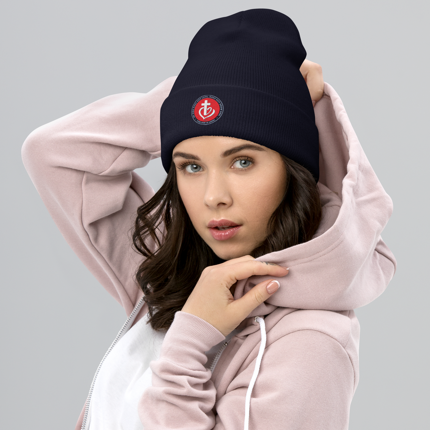 Justified In Christ God is Love Embroidered Beanie | 1 John 4:8 Christian Winter Hat