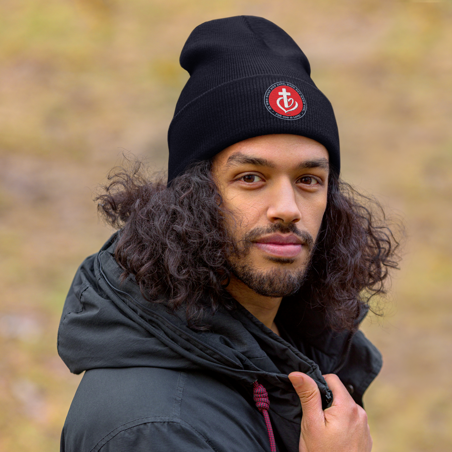 Justified In Christ God is Love Embroidered Beanie | 1 John 4:8 Christian Winter Hat