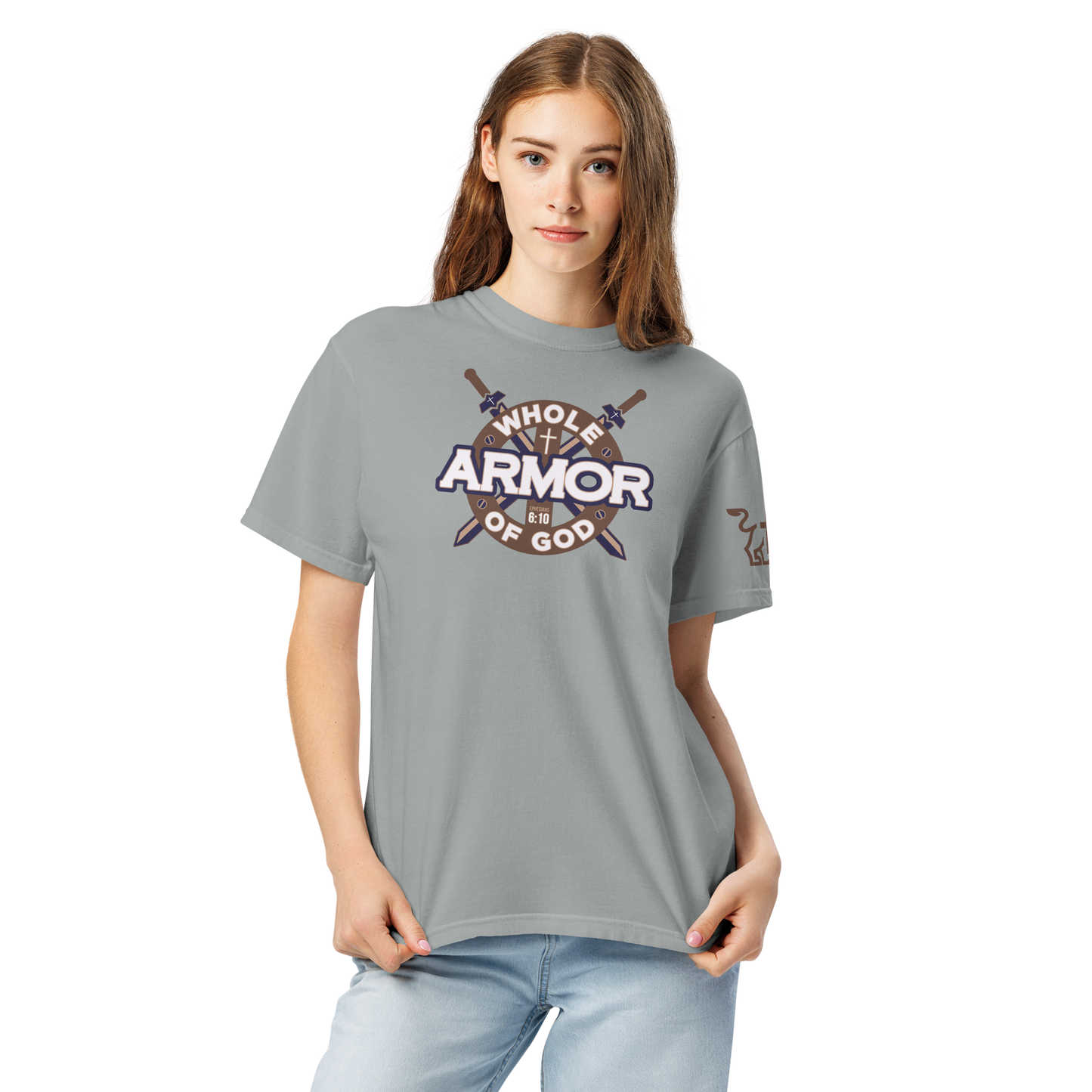 Justified In Christ Whole Armor of God Heavyweight T-Shirt | Ephesians 6:11 Christian Tee