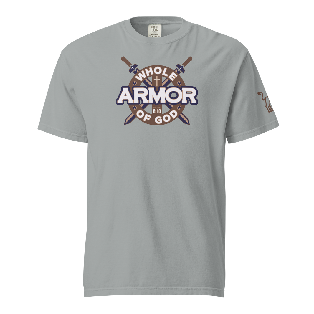 Justified In Christ Whole Armor of God Heavyweight T-Shirt | Ephesians 6:11 Christian Tee
