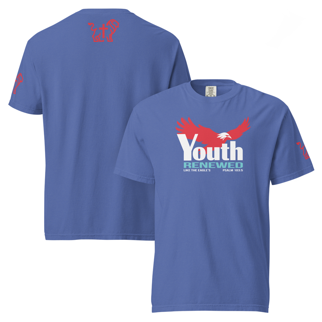 Justified In Christ Youth Renewed Heavyweight T-Shirt | Psalm 103:5 Christian Tee