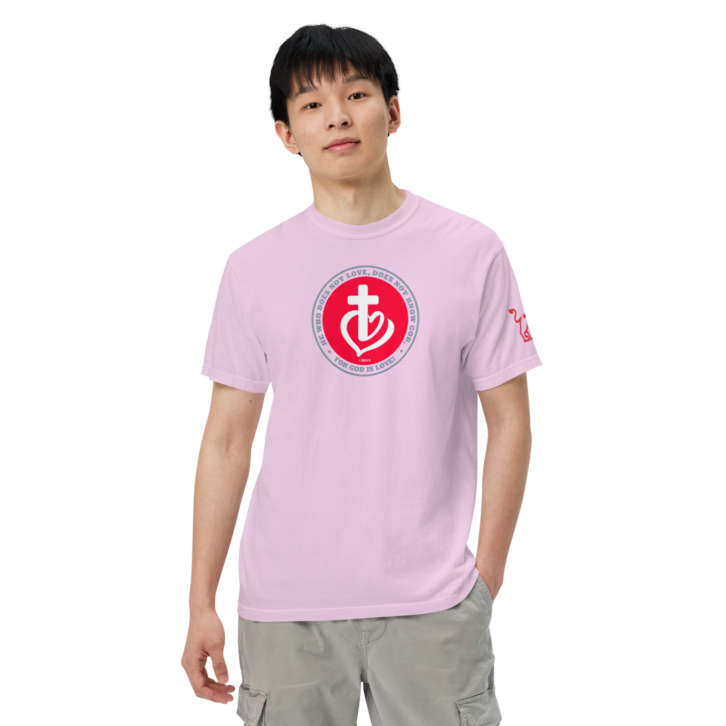 Justified In Christ God is Love Heavyweight T-Shirt | 1 John 4:8 Christian Tee