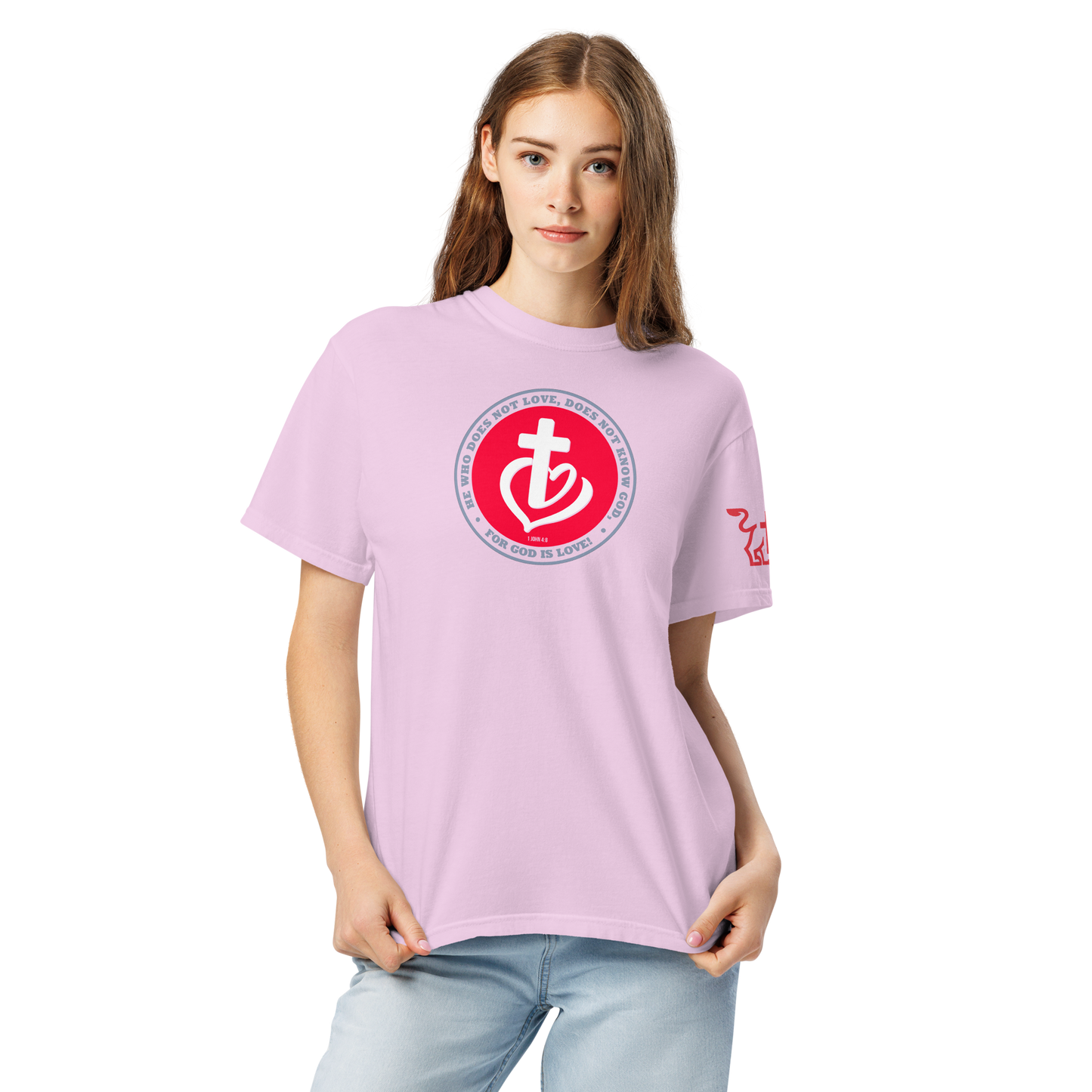 Justified In Christ God is Love Heavyweight T-Shirt | 1 John 4:8 Christian Tee
