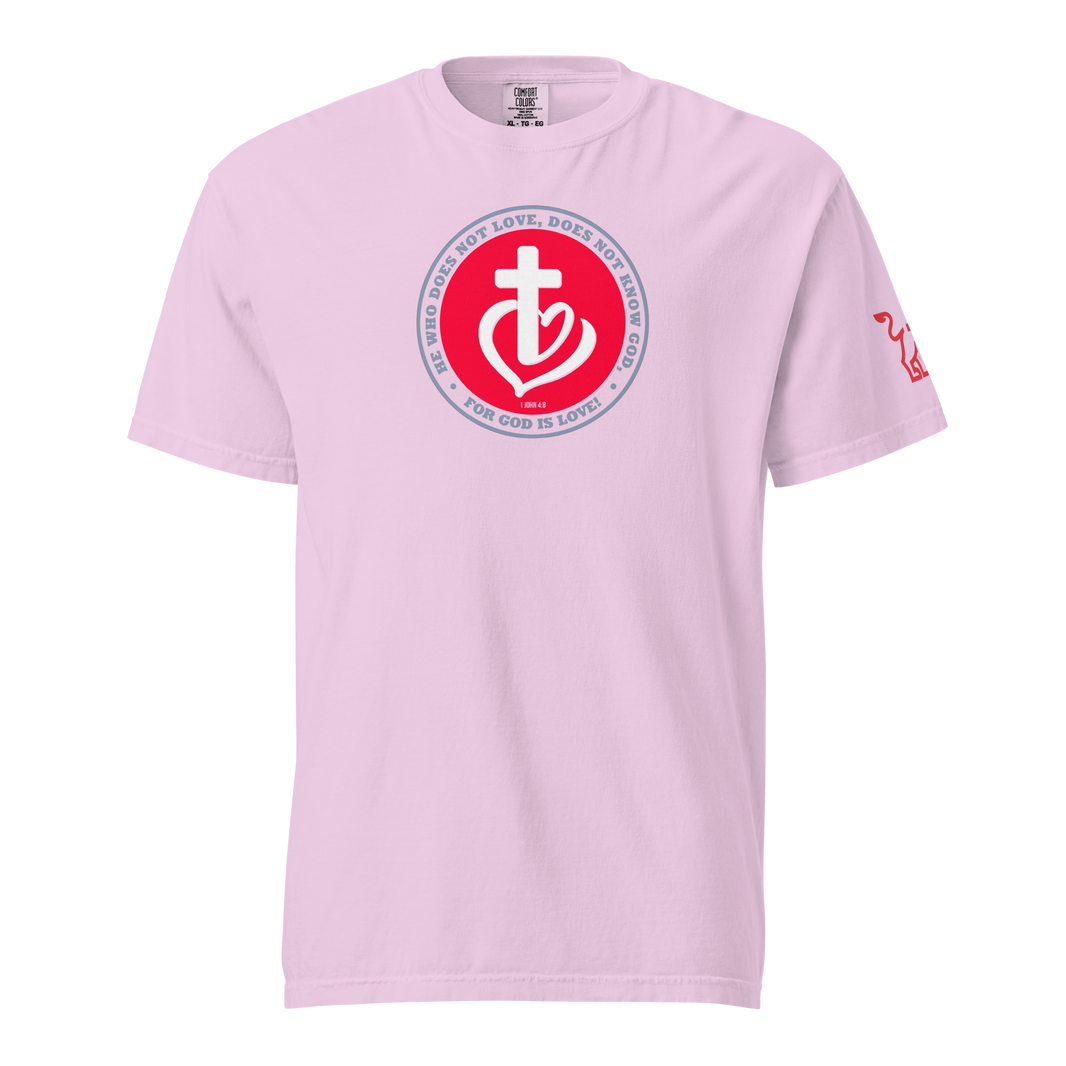Justified In Christ God is Love Heavyweight T-Shirt | 1 John 4:8 Christian Tee