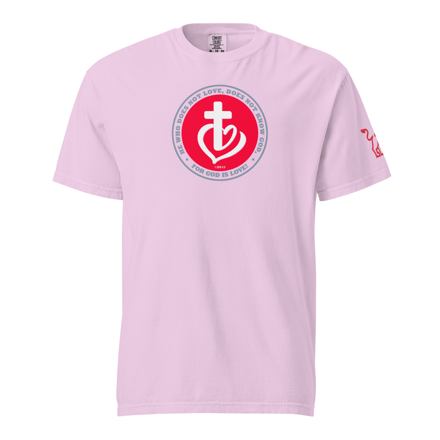 Justified In Christ God is Love Heavyweight T-Shirt | 1 John 4:8 Christian Tee