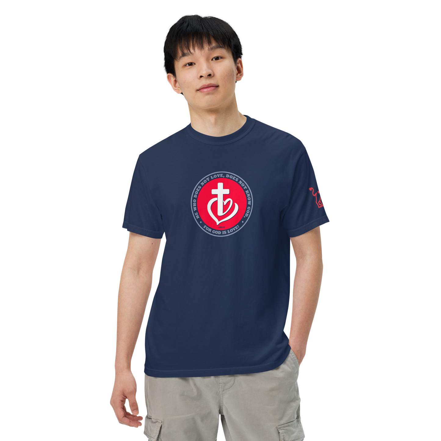 Justified In Christ God is Love Heavyweight T-Shirt | 1 John 4:8 Christian Tee