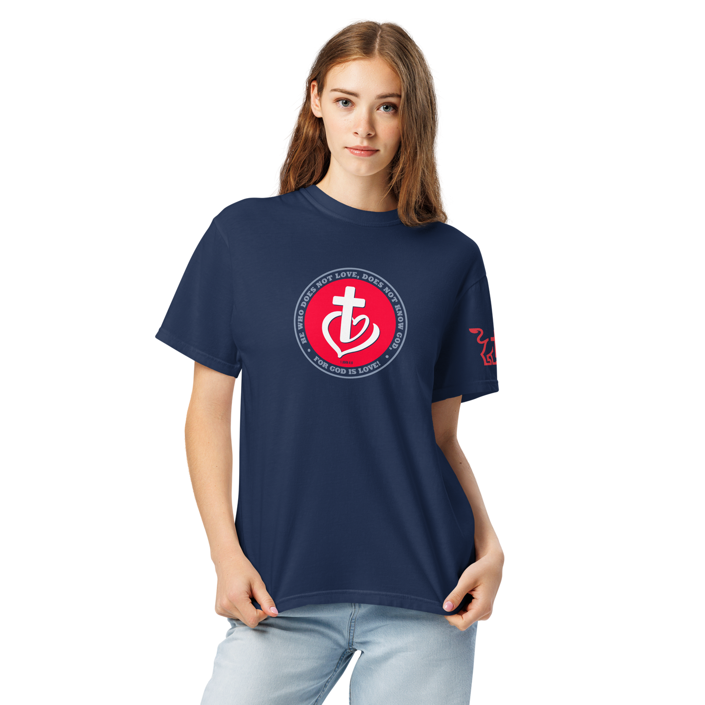 Justified In Christ God is Love Heavyweight T-Shirt | 1 John 4:8 Christian Tee
