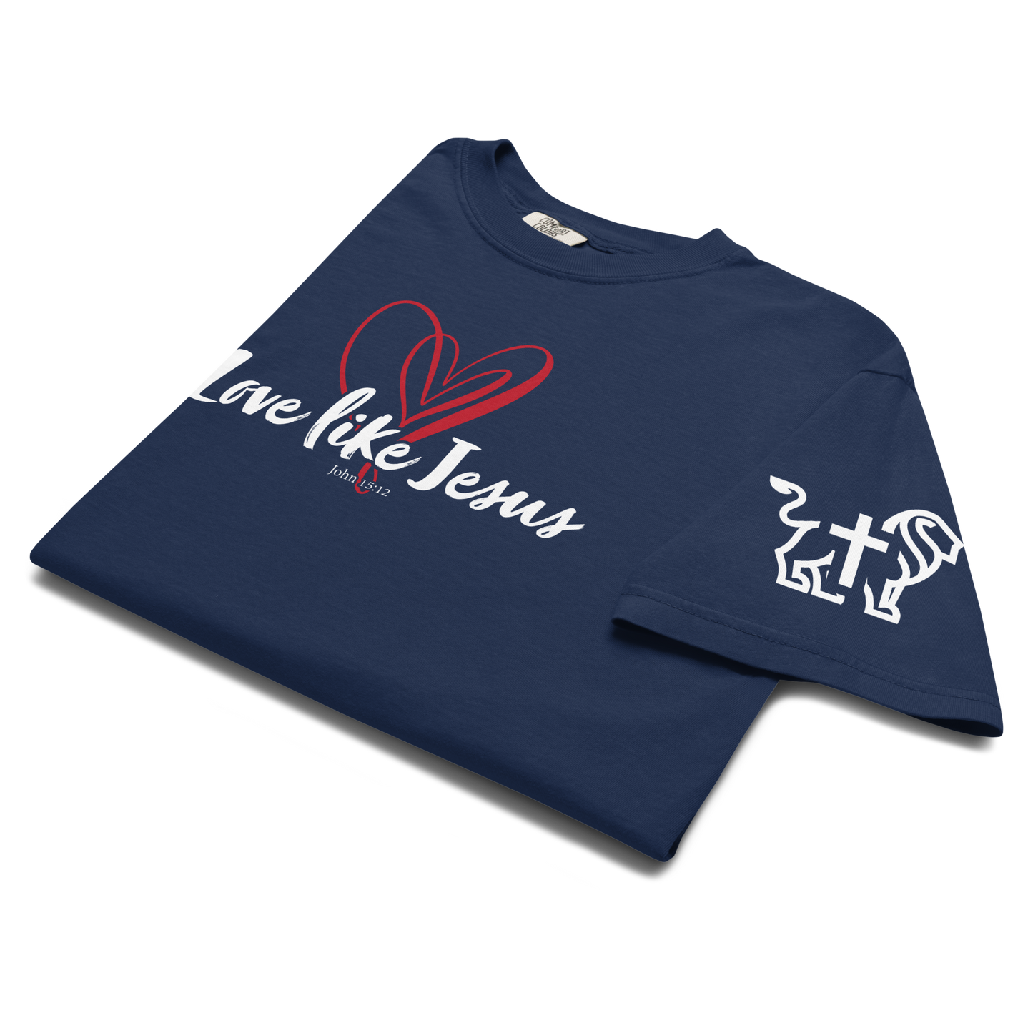 Justified In Christ Love like Jesus Heavyweight T-Shirt | John 15:12 Christian Tee
