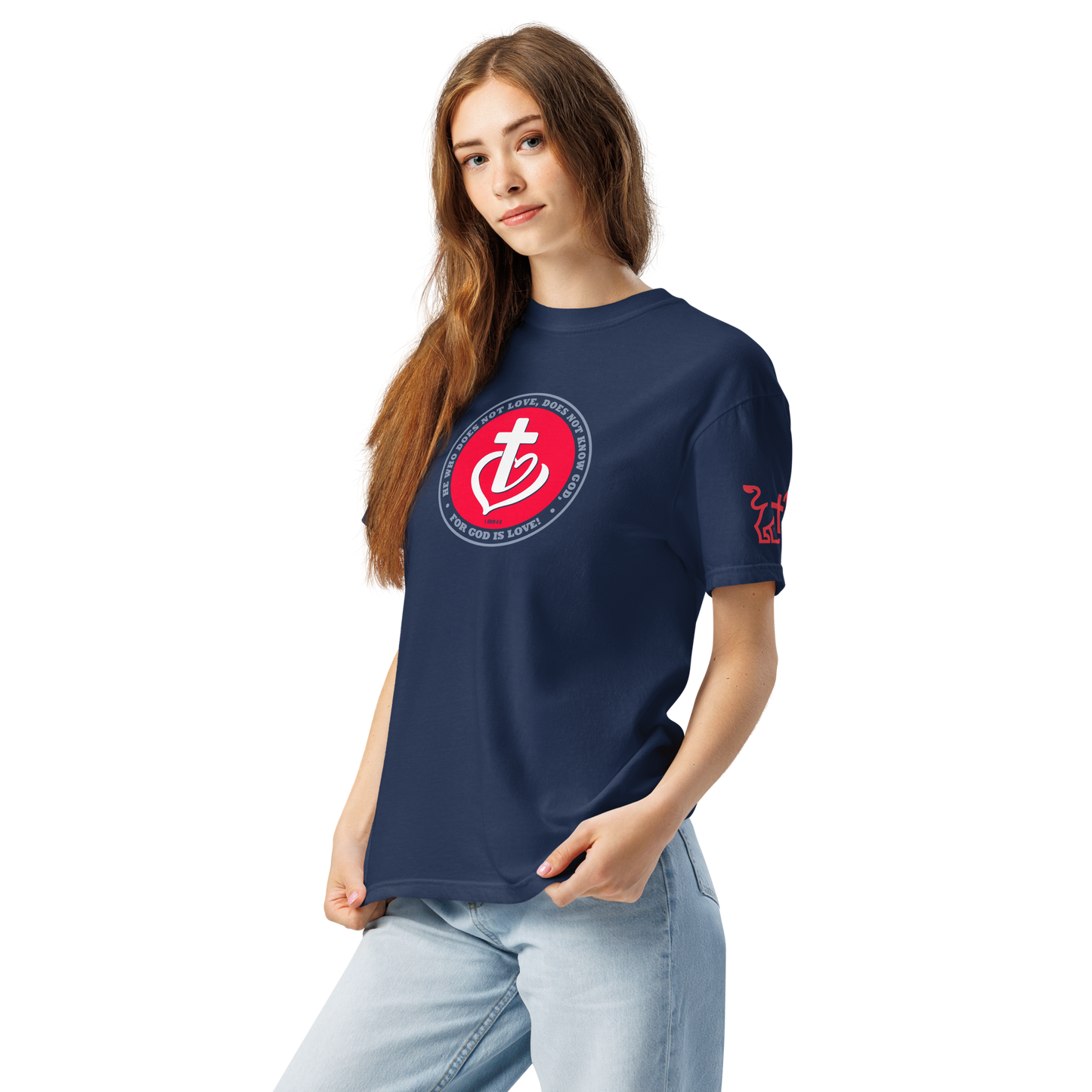 Justified In Christ God is Love Heavyweight T-Shirt | 1 John 4:8 Christian Tee