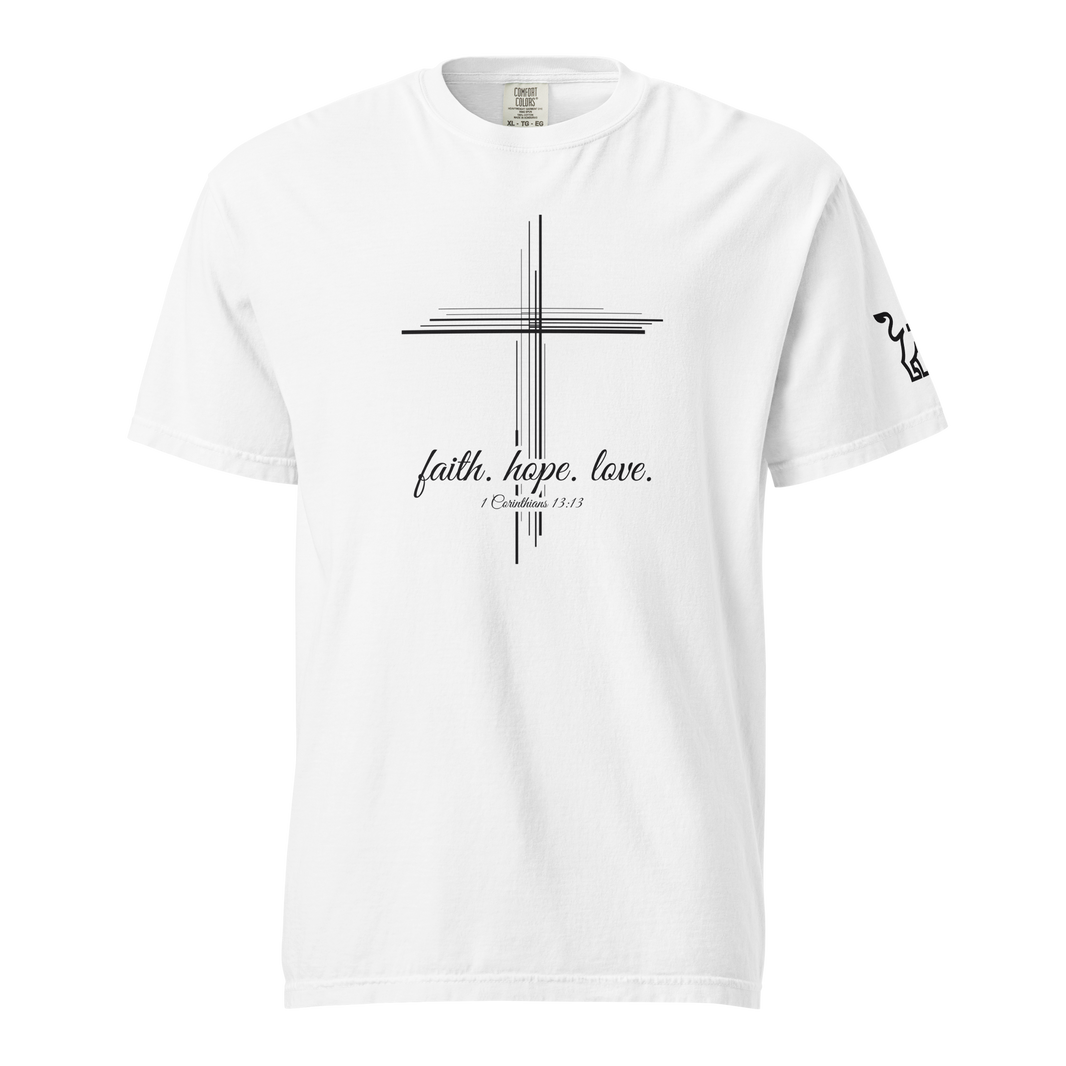 Justified In Christ Faith Hope Love Heavyweight T-Shirt | 1 Corinthians 13:13 Christian Tee