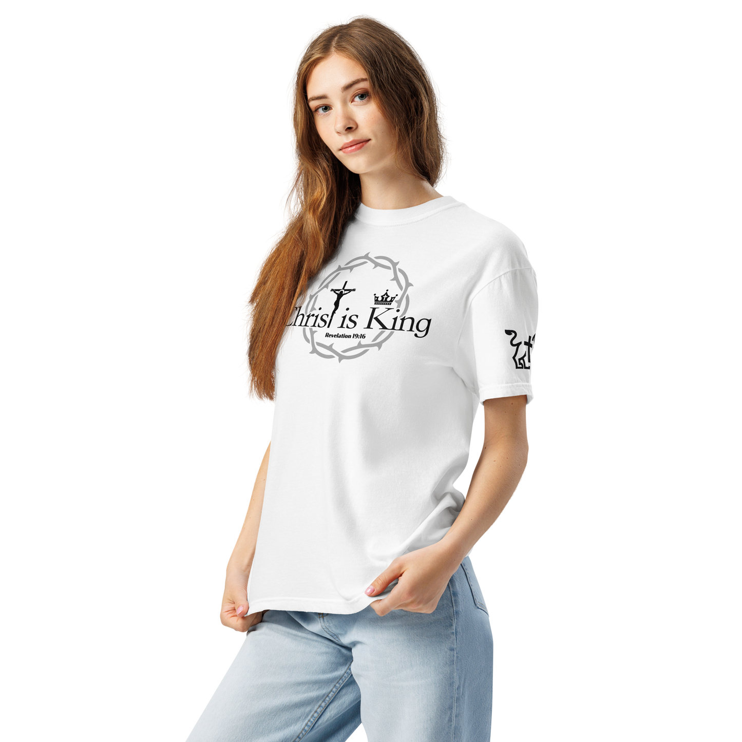 Justified In Christ Christ is King Heavyweight T-Shirt | Revelation 19:16 Christian Tee