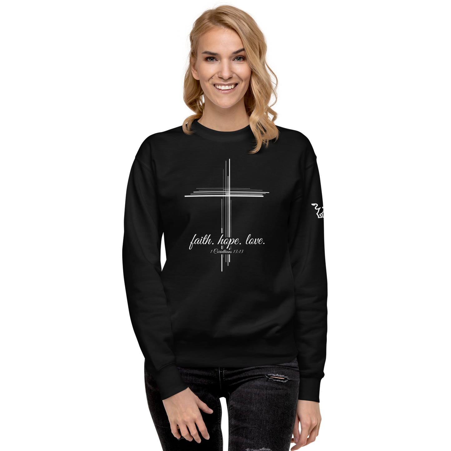 Justified In Christ Faith Hope Love Crewneck Sweatshirt | 1 Corinthians 13:13 Christian Apparel