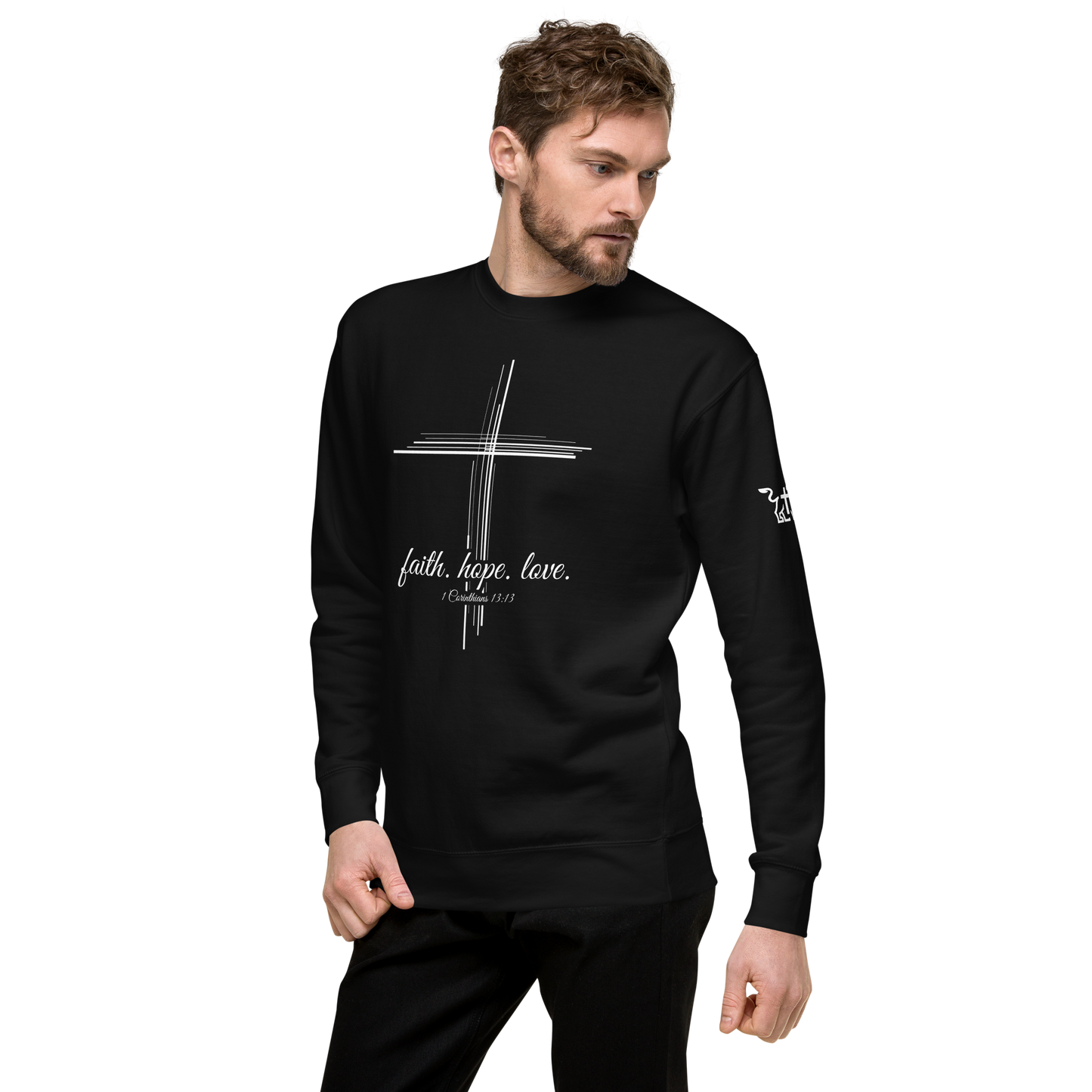 Justified In Christ Faith Hope Love Crewneck Sweatshirt | 1 Corinthians 13:13 Christian Apparel