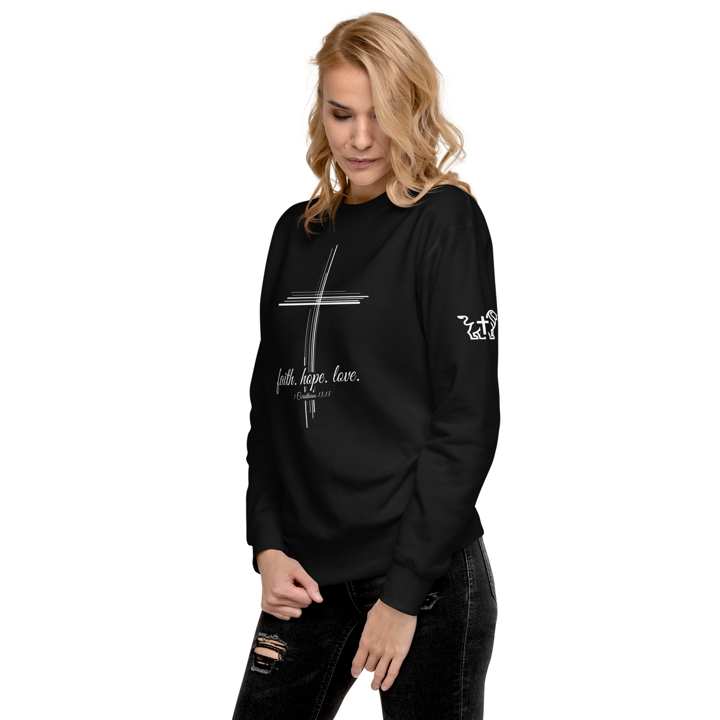 Justified In Christ Faith Hope Love Crewneck Sweatshirt | 1 Corinthians 13:13 Christian Apparel