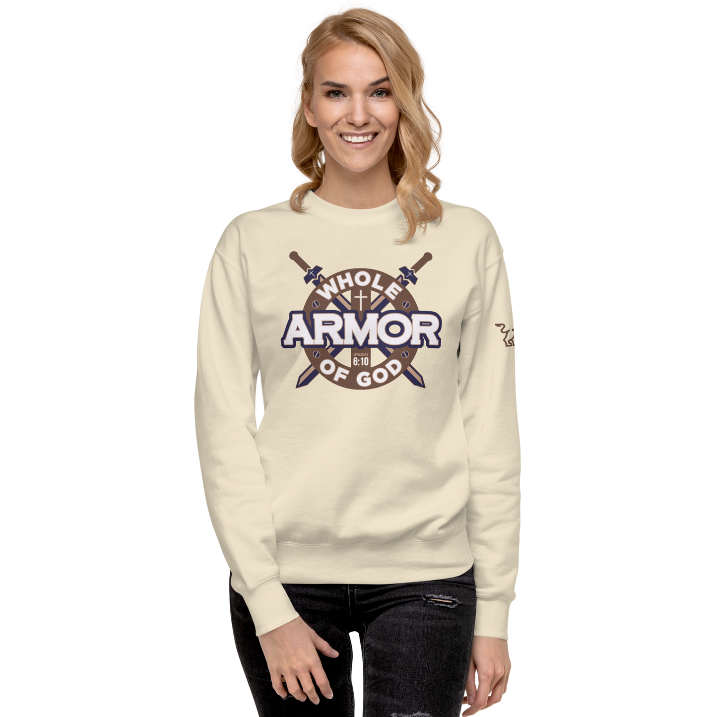 Justified In Christ Whole Armor of God Bone Crewneck Sweatshirt | Ephesians 6:11 Christian Apparel