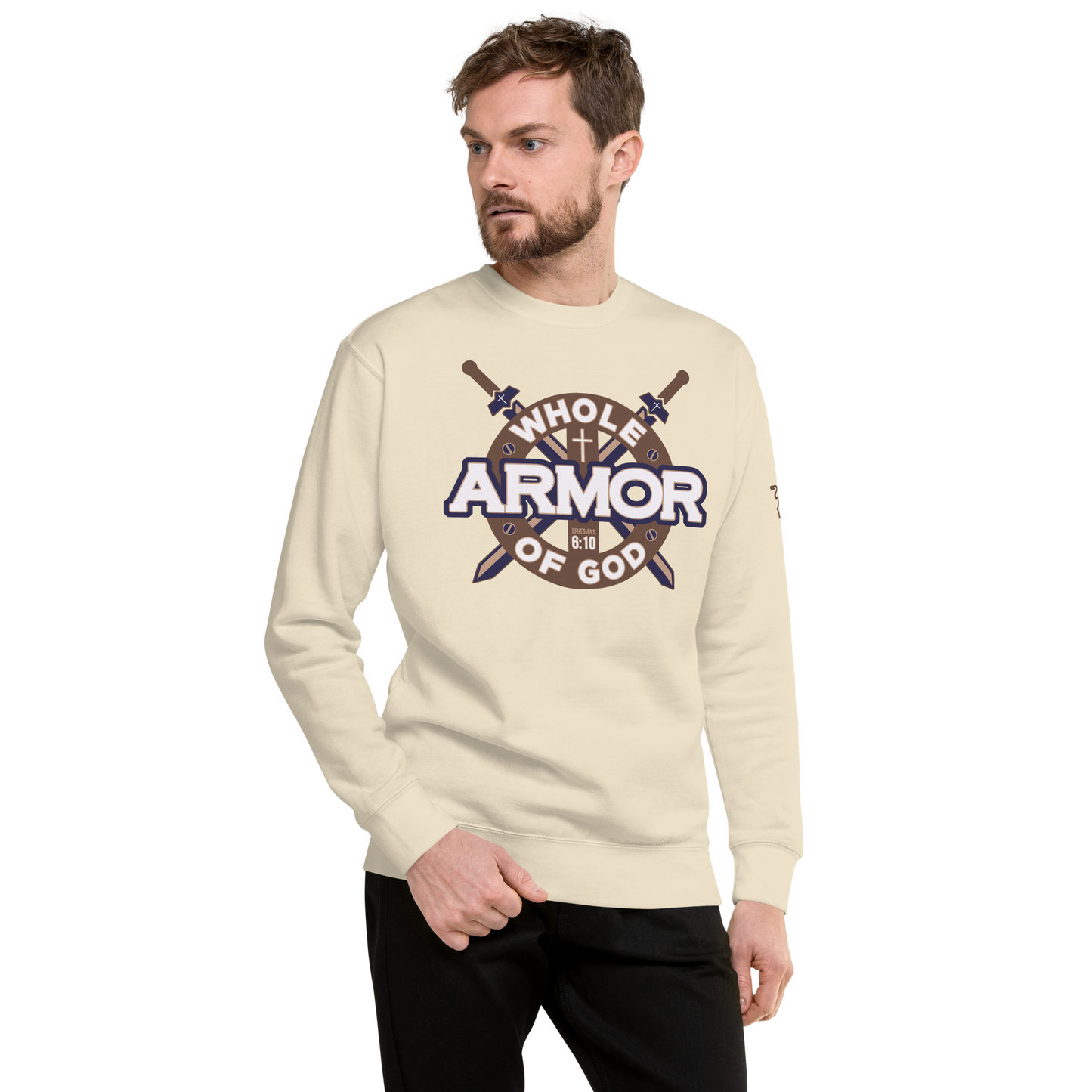Justified In Christ Whole Armor of God Bone Crewneck Sweatshirt | Ephesians 6:11 Christian Apparel