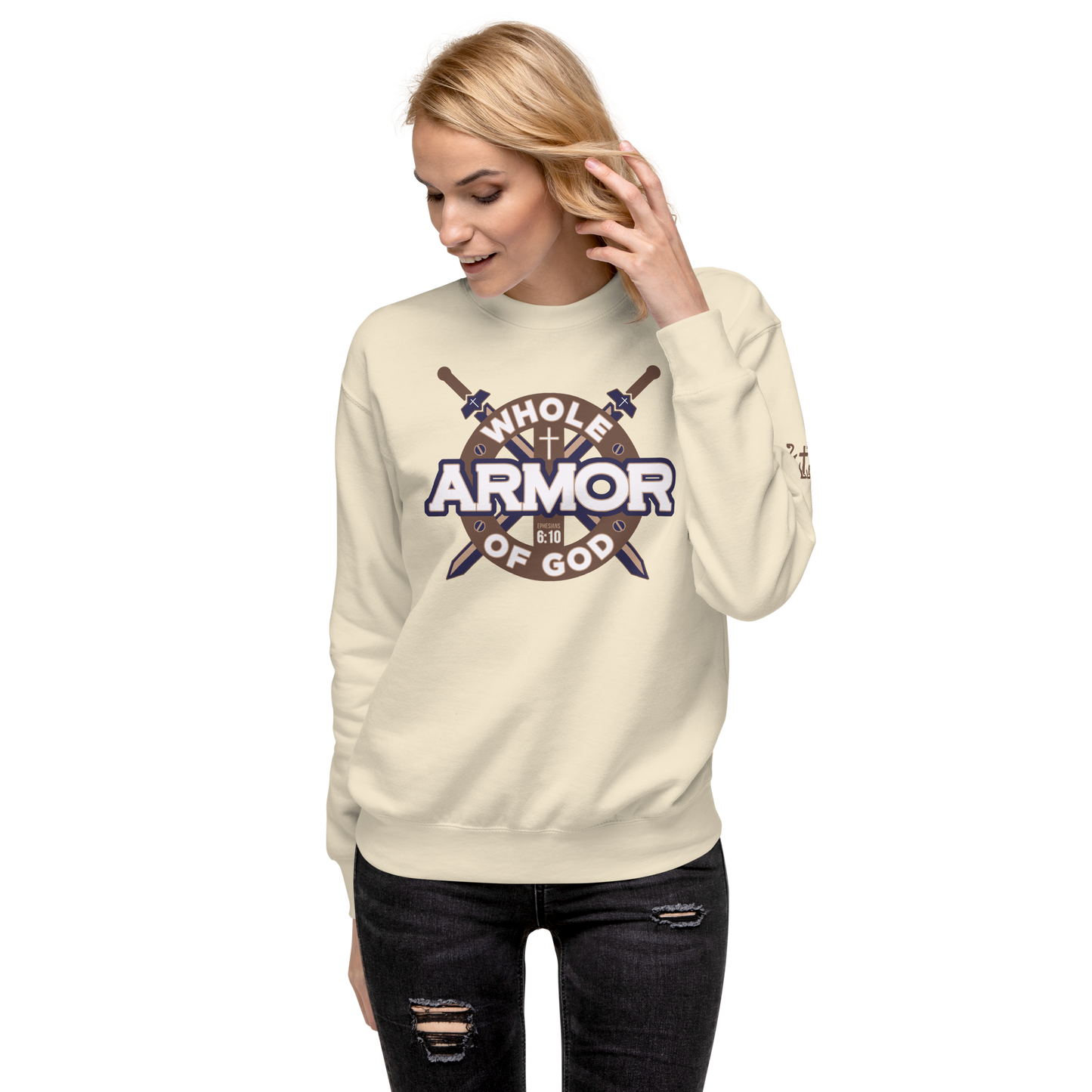 Justified In Christ Whole Armor of God Bone Crewneck Sweatshirt | Ephesians 6:11 Christian Apparel