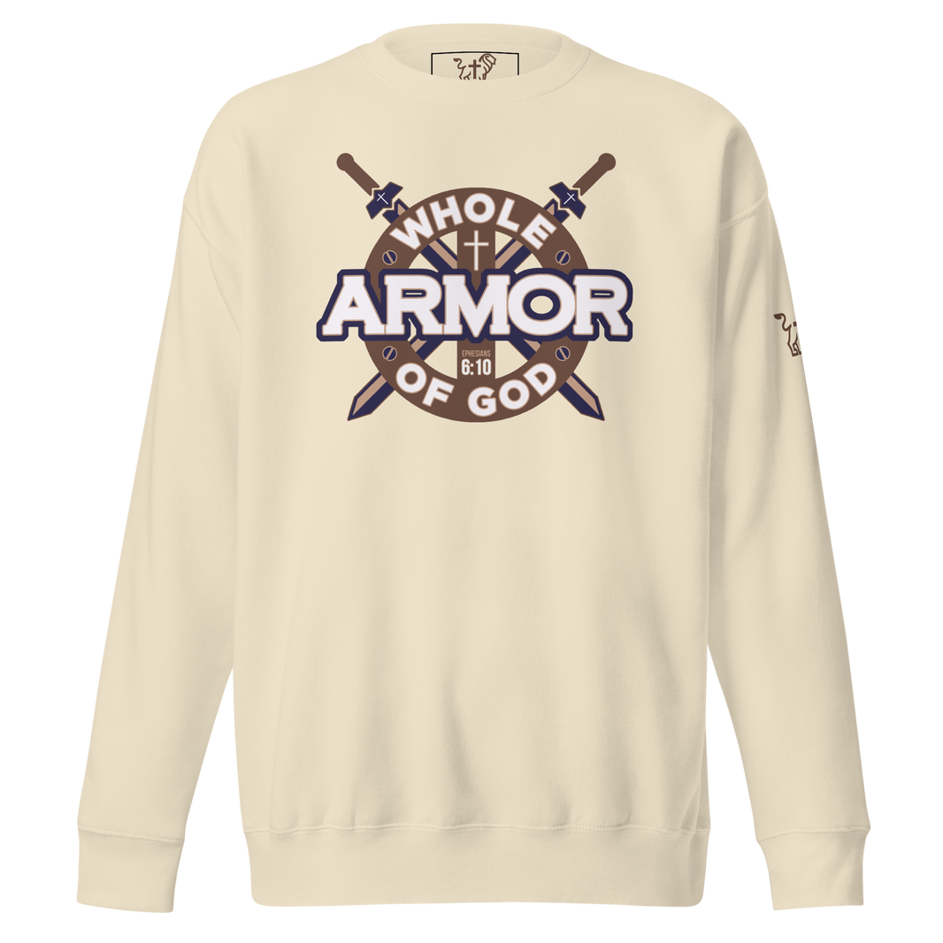 Justified In Christ Whole Armor of God Bone Crewneck Sweatshirt | Ephesians 6:11 Christian Apparel
