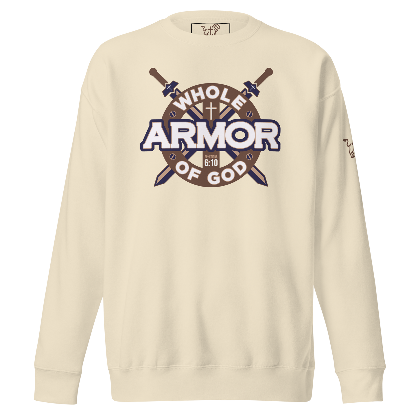 Justified In Christ Whole Armor of God Bone Crewneck Sweatshirt | Ephesians 6:11 Christian Apparel