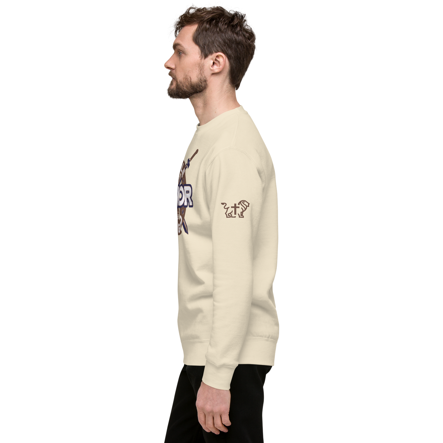 Justified In Christ Whole Armor of God Bone Crewneck Sweatshirt | Ephesians 6:11 Christian Apparel
