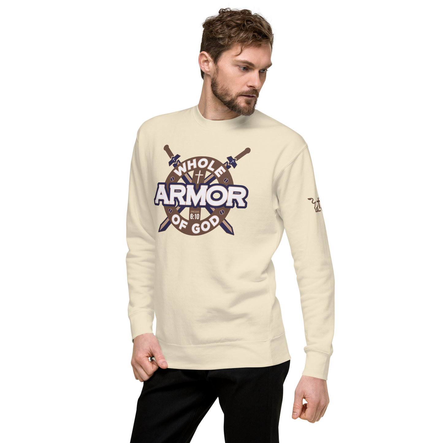 Justified In Christ Whole Armor of God Bone Crewneck Sweatshirt | Ephesians 6:11 Christian Apparel