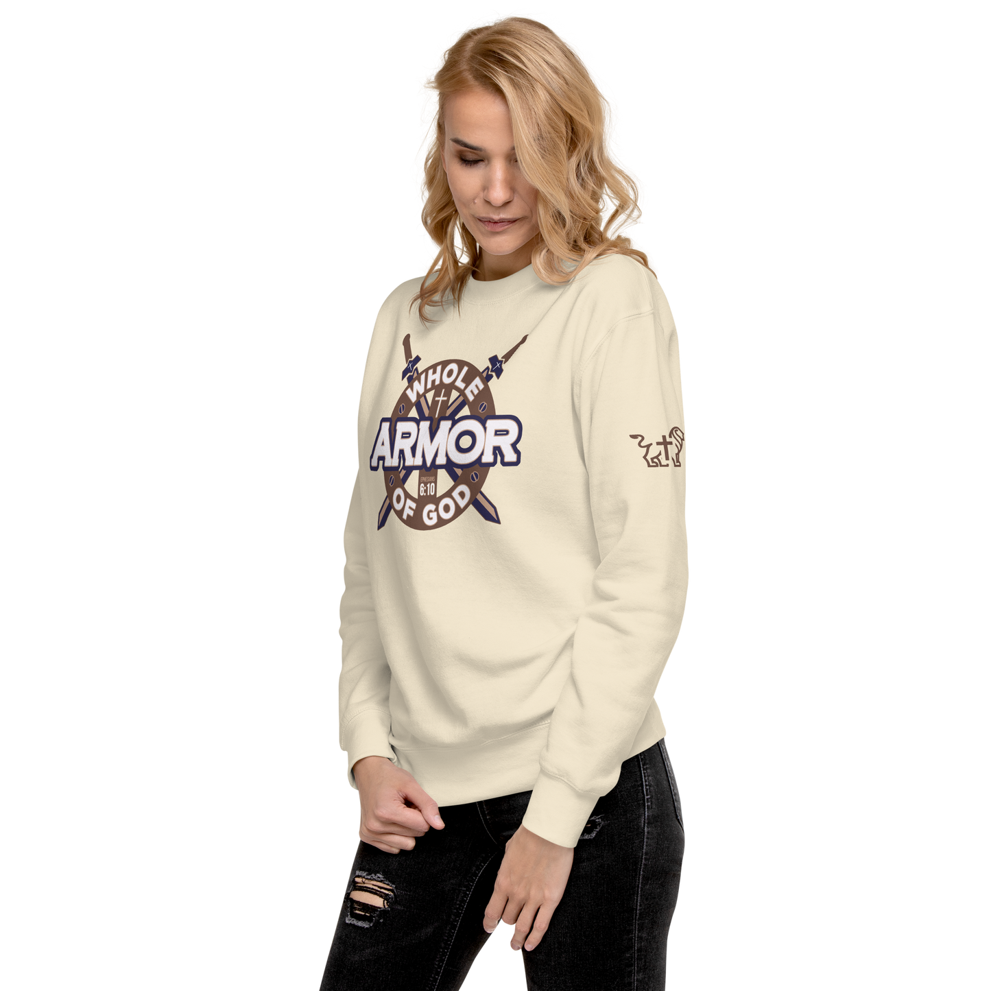 Justified In Christ Whole Armor of God Bone Crewneck Sweatshirt | Ephesians 6:11 Christian Apparel