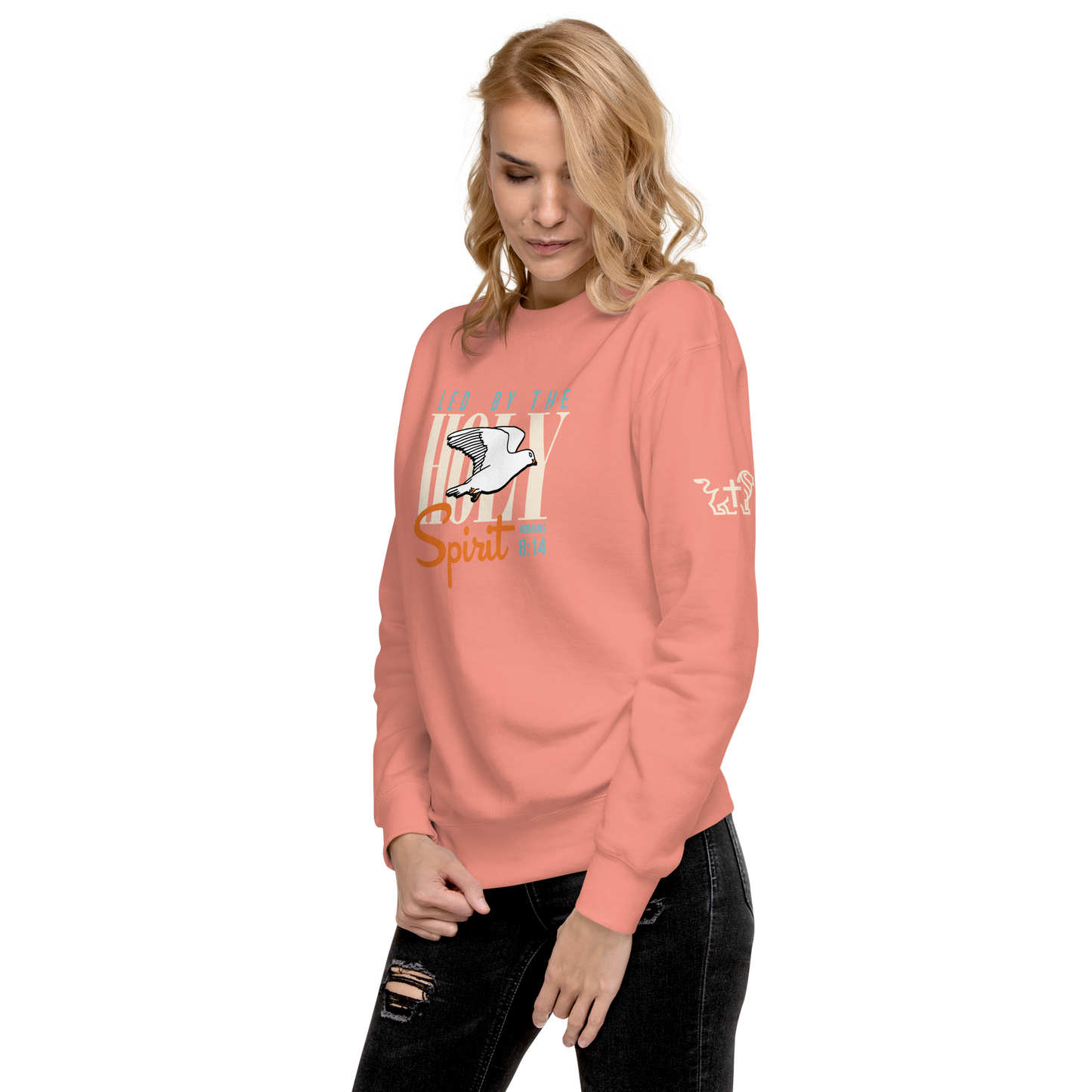 Justified In Christ Led by the Holy Spirit Rose Crewneck Sweatshirt | Galatians 5:18 Christian Apparel