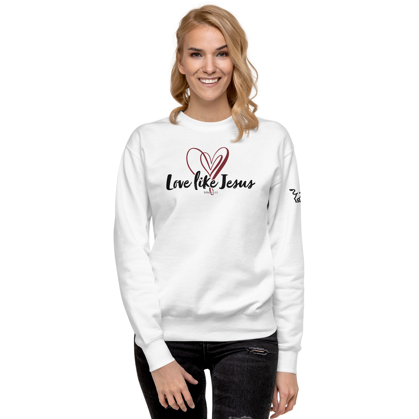 Justified In Christ Love like Jesus Crewneck Sweatshirt | John 15:12 Christian Apparel