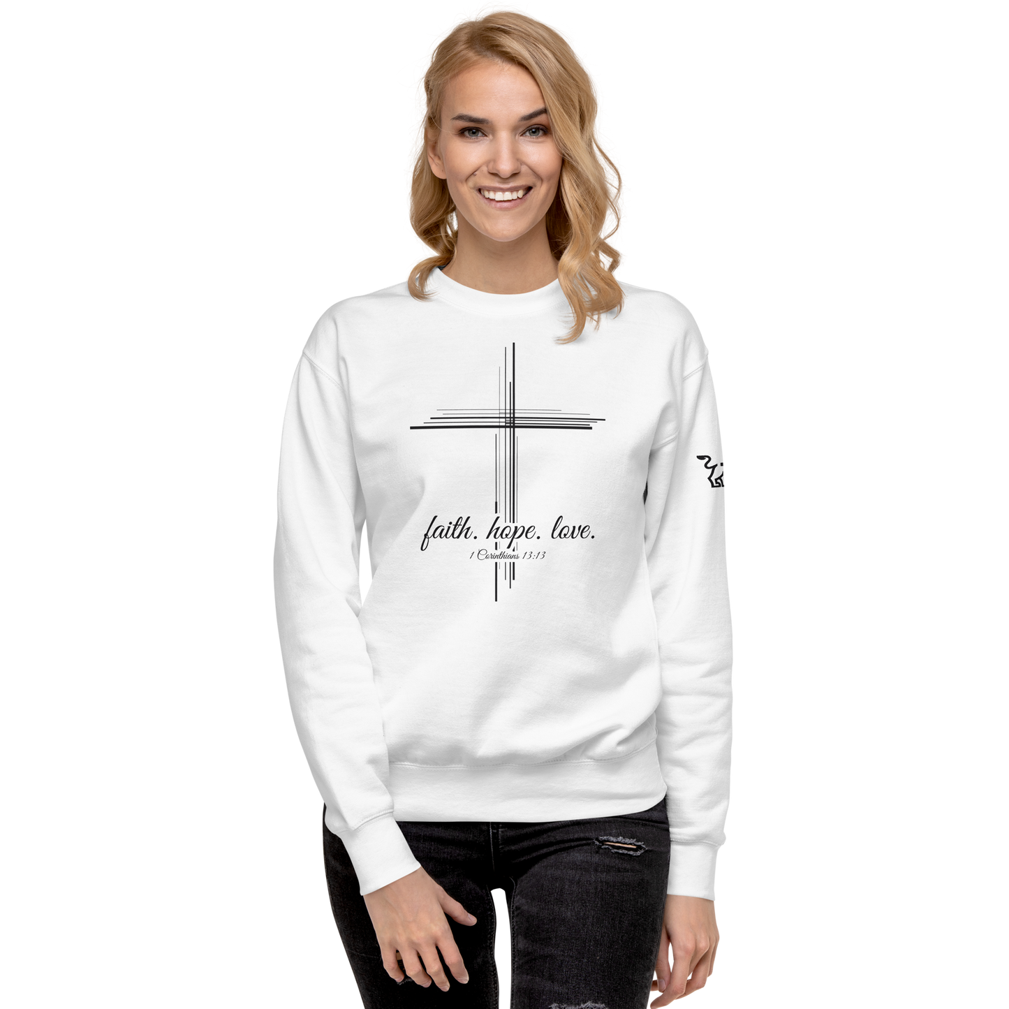 Justified In Christ Faith Hope Love Crewneck Sweatshirt | 1 Corinthians 13:13 Christian Apparel
