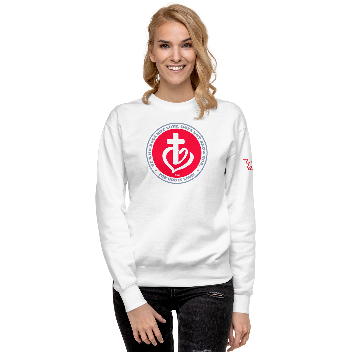 Justified In Christ God is Love White Crewneck Sweatshirt | 1 John 4:8 Christian Apparel