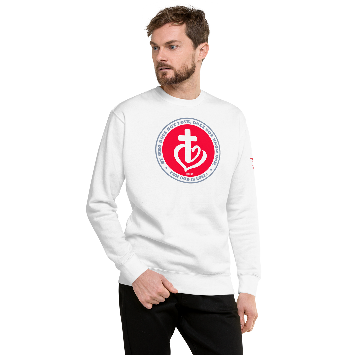 Justified In Christ God is Love White Crewneck Sweatshirt | 1 John 4:8 Christian Apparel