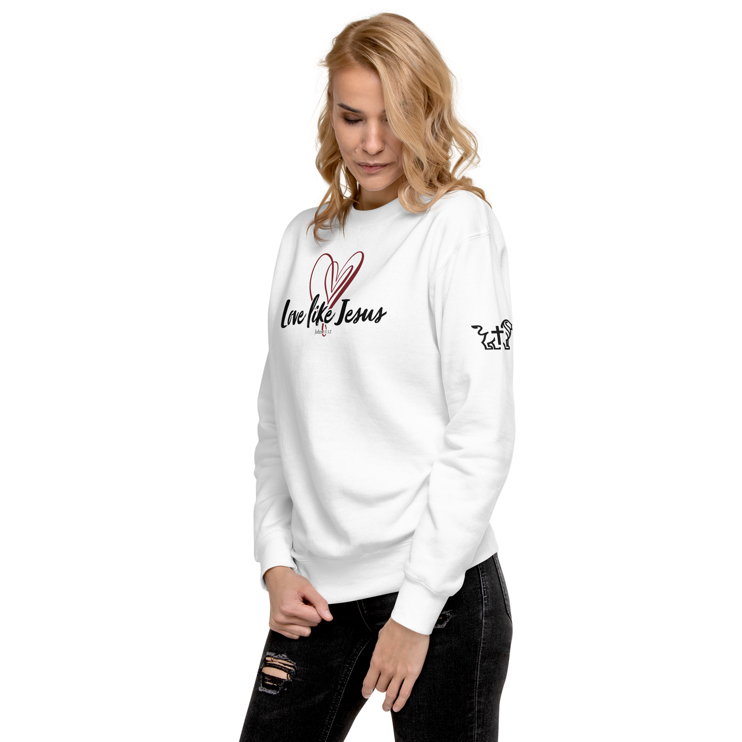 Justified In Christ Love like Jesus Crewneck Sweatshirt | John 15:12 Christian Apparel