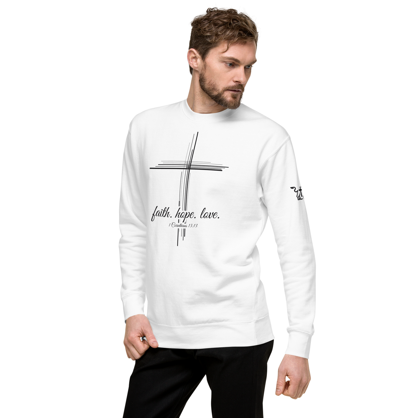 Justified In Christ Faith Hope Love Crewneck Sweatshirt | 1 Corinthians 13:13 Christian Apparel