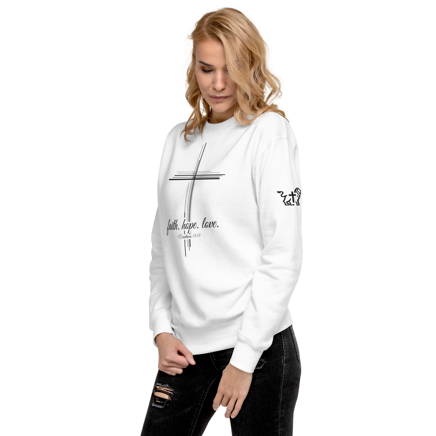 Justified In Christ Faith Hope Love Crewneck Sweatshirt | 1 Corinthians 13:13 Christian Apparel