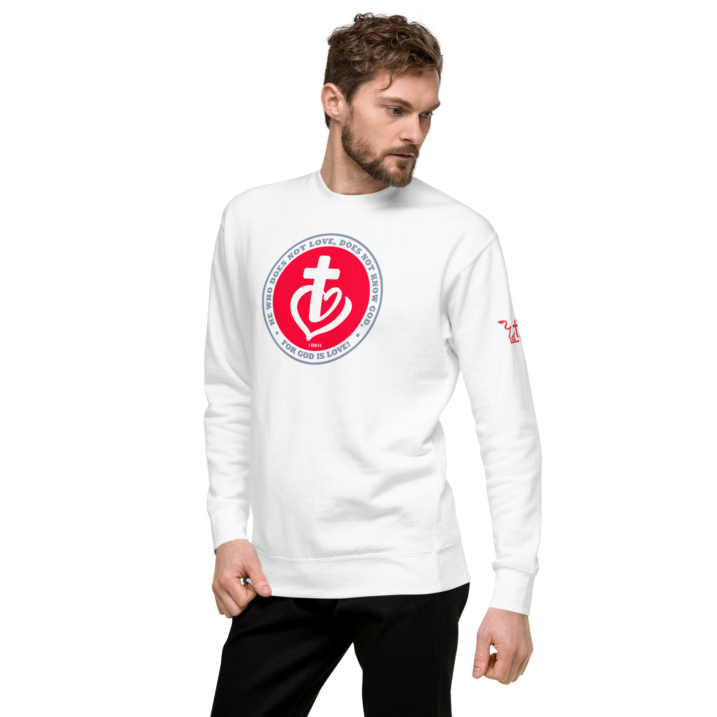 Justified In Christ God is Love White Crewneck Sweatshirt | 1 John 4:8 Christian Apparel