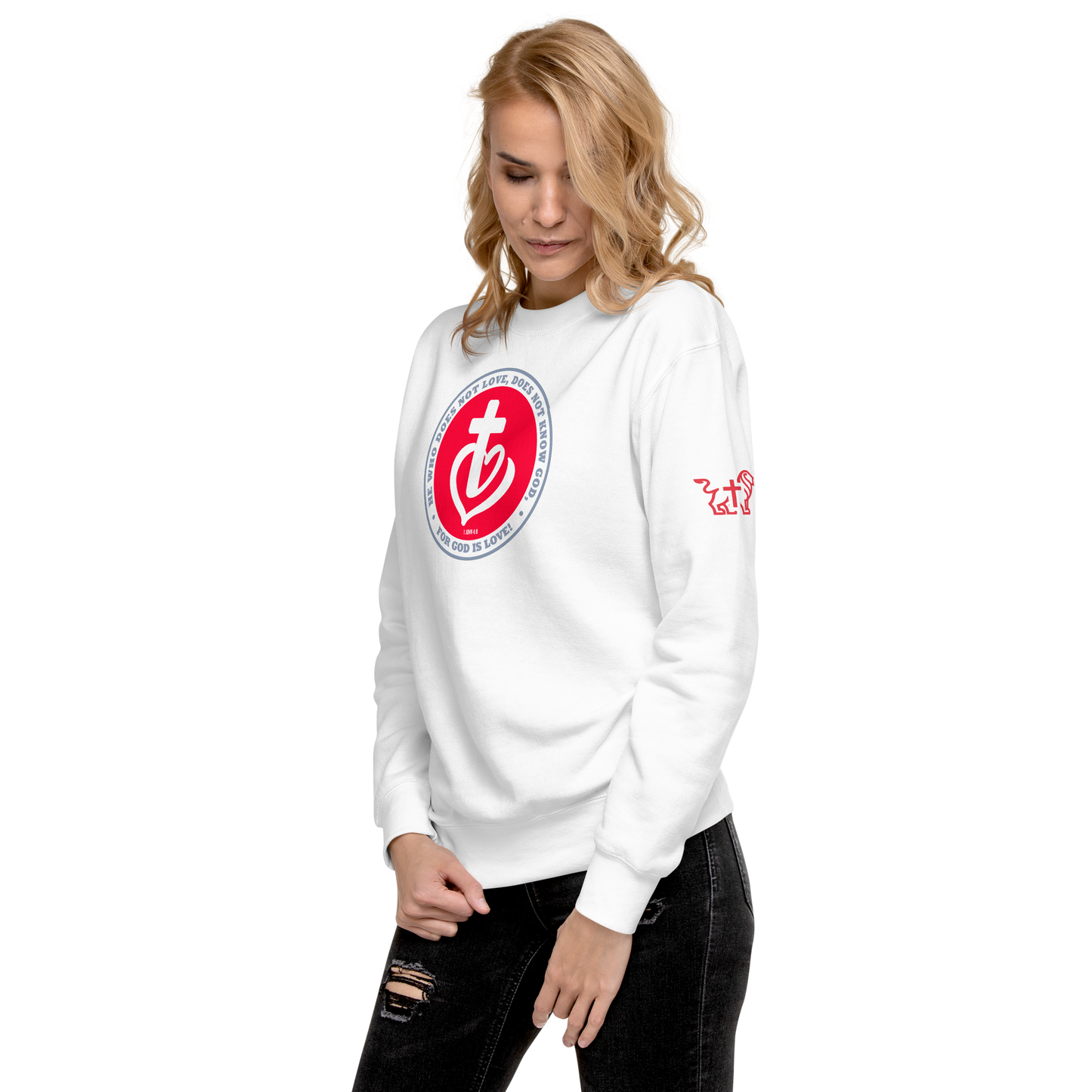 Justified In Christ God is Love White Crewneck Sweatshirt | 1 John 4:8 Christian Apparel