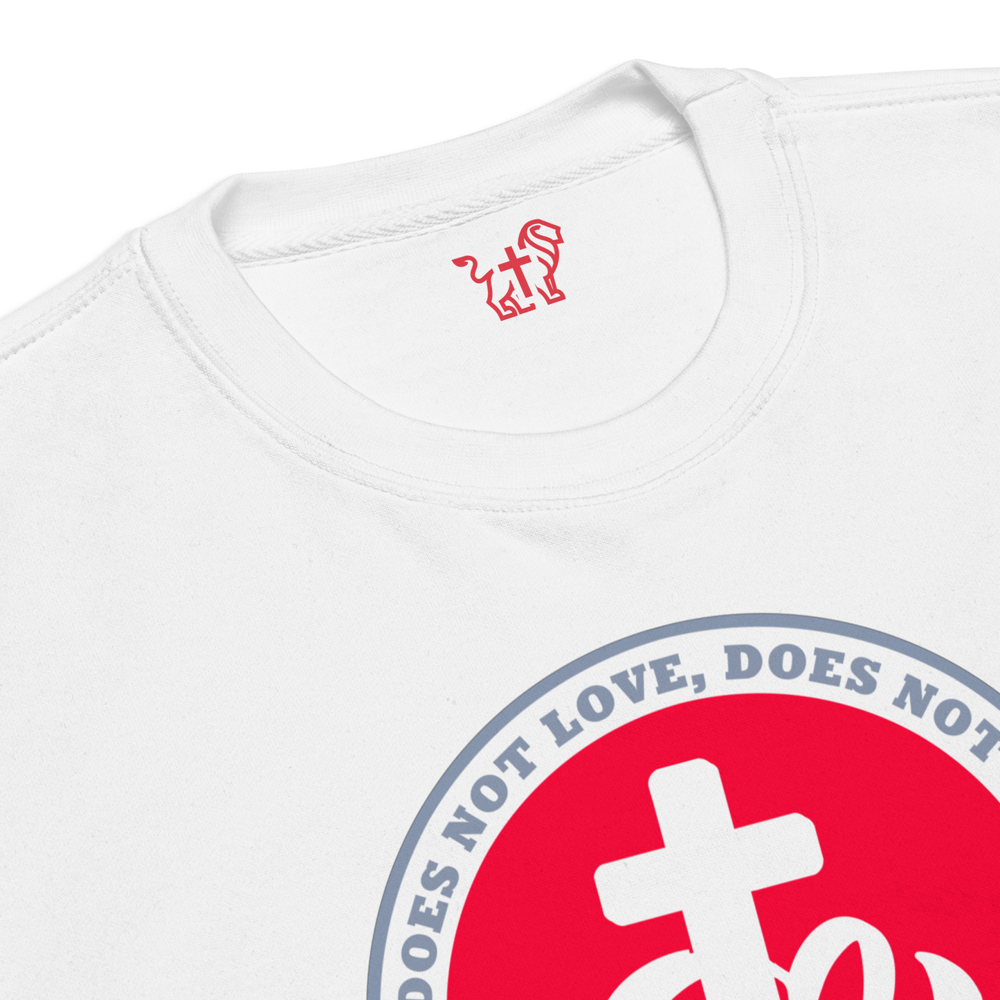 Justified In Christ God is Love White Crewneck Sweatshirt | 1 John 4:8 Christian Apparel