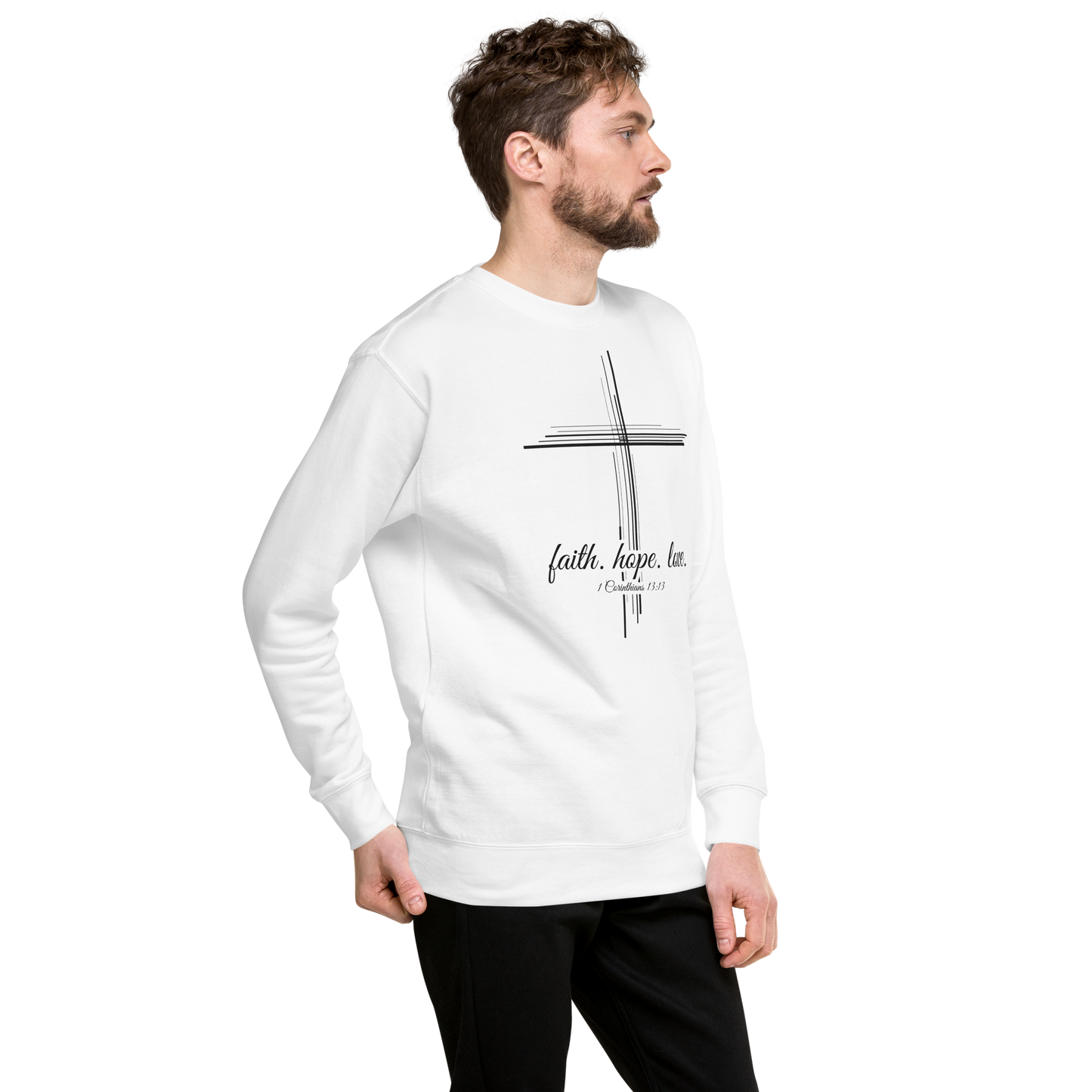 Justified In Christ Faith Hope Love Crewneck Sweatshirt | 1 Corinthians 13:13 Christian Apparel