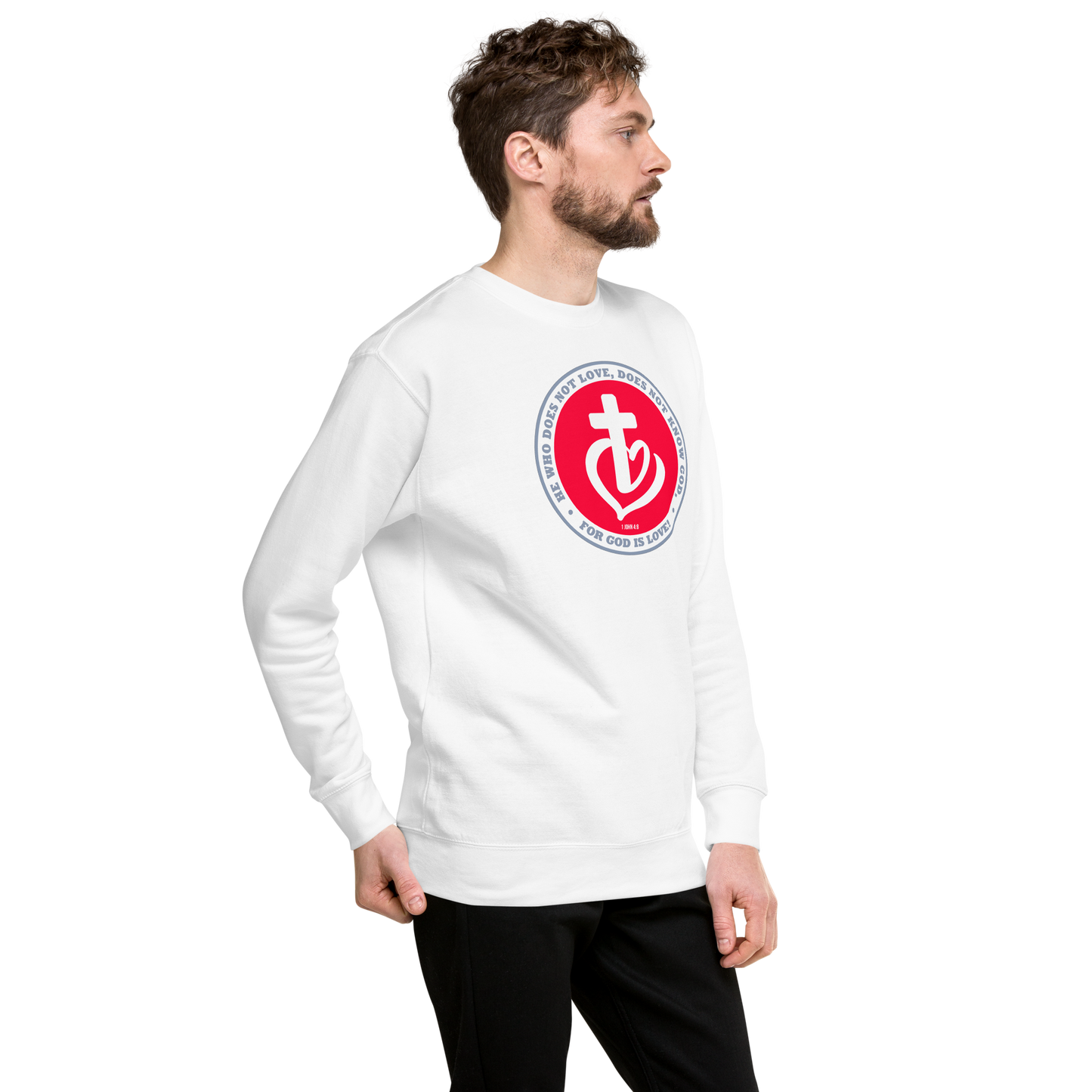 Justified In Christ God is Love White Crewneck Sweatshirt | 1 John 4:8 Christian Apparel