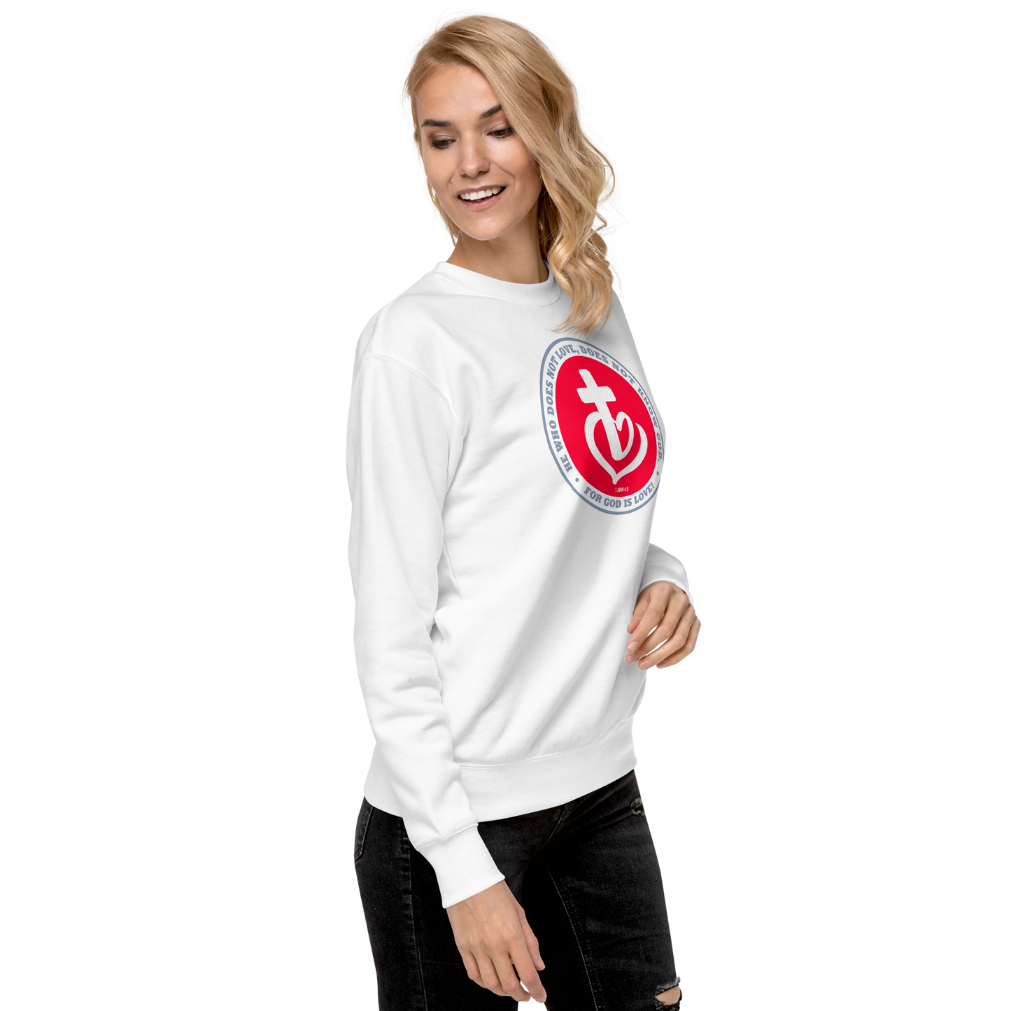 Justified In Christ God is Love White Crewneck Sweatshirt | 1 John 4:8 Christian Apparel