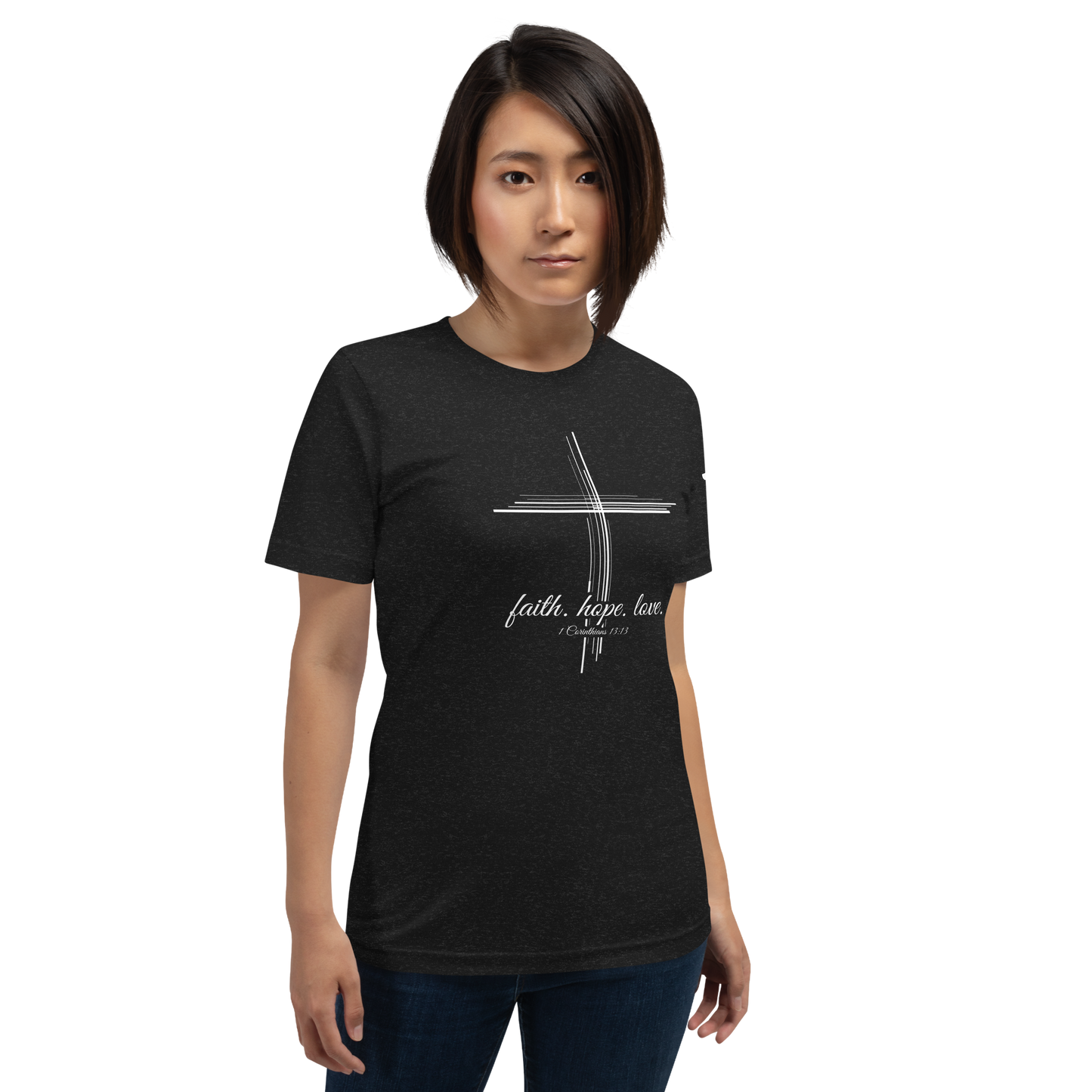 Justified In Christ Faith Hope Love Black T-Shirt | 1 Corinthians 13:13 Christian Tee