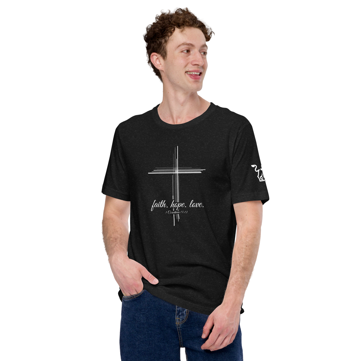 Justified In Christ Faith Hope Love Black T-Shirt | 1 Corinthians 13:13 Christian Tee